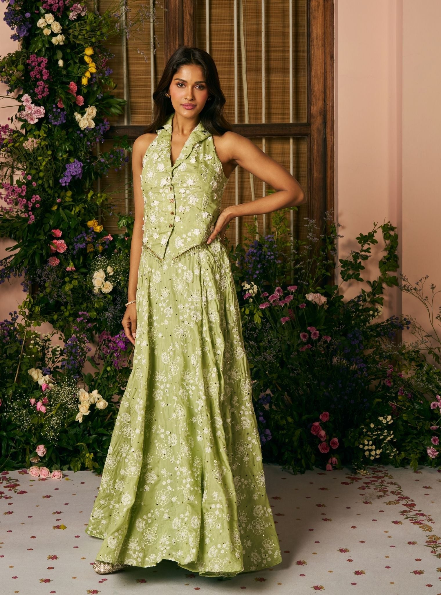 Chavi Mulmul Silk Light Green Waistcoat with Skirt