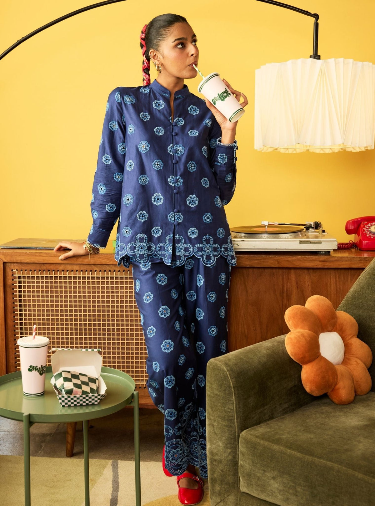 Zivi Pima Satin Navy Shirt Set