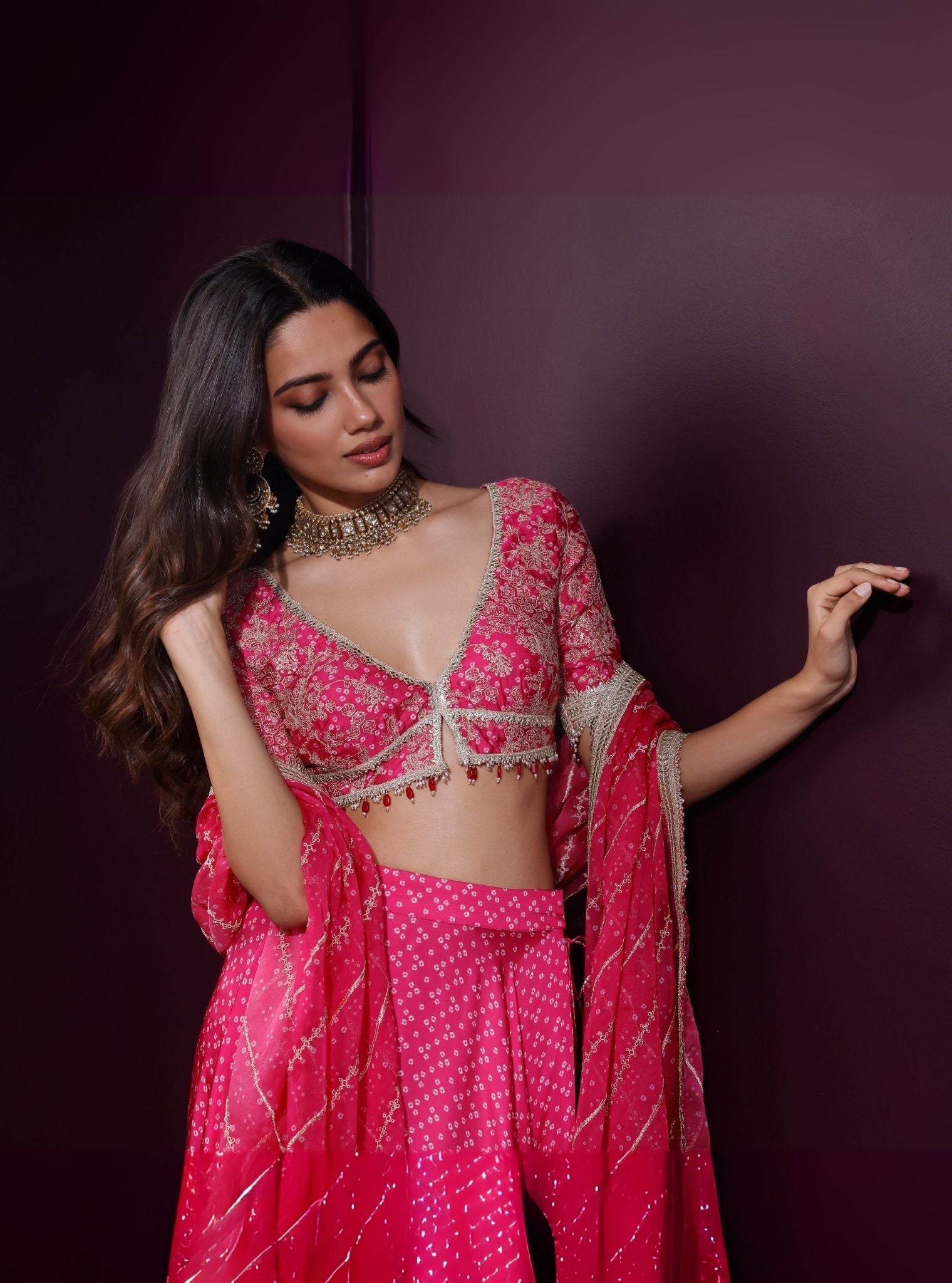 Kuni Cupro Satin Printed Fuschia Skirt Set