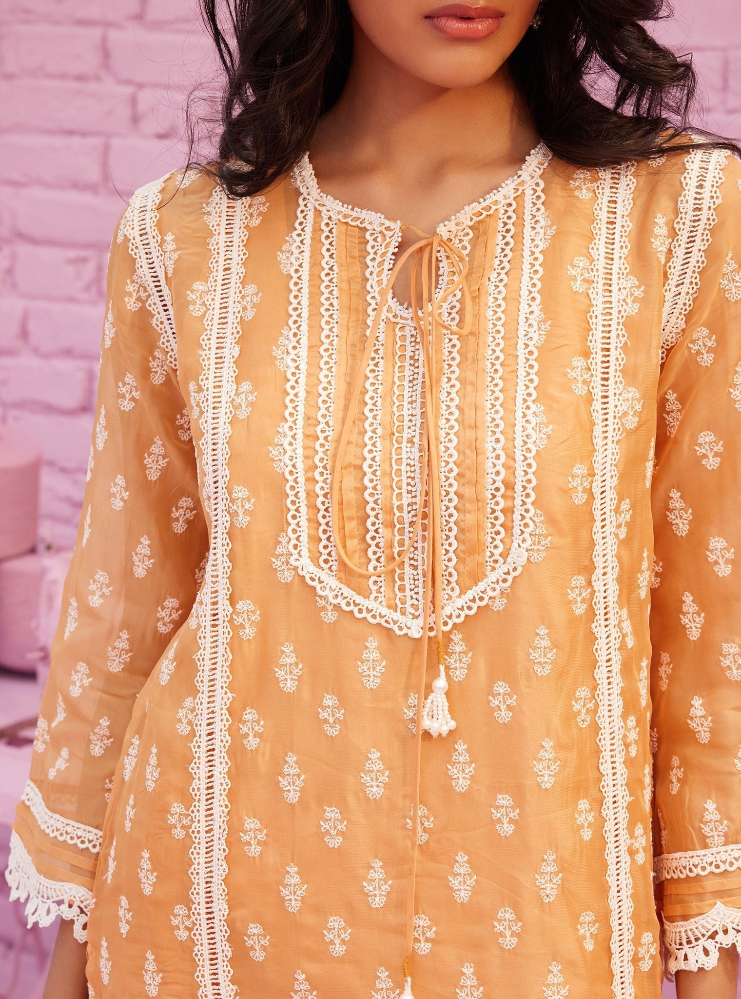 Mulmul Oganza Aarina Orange Kurta With Mulmul Cotton Aarina Orange Pant