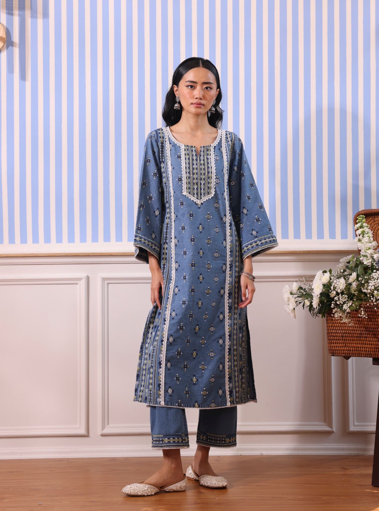 Mulmul Odette Denim Kurta With Mulmul Odette Denim Pant