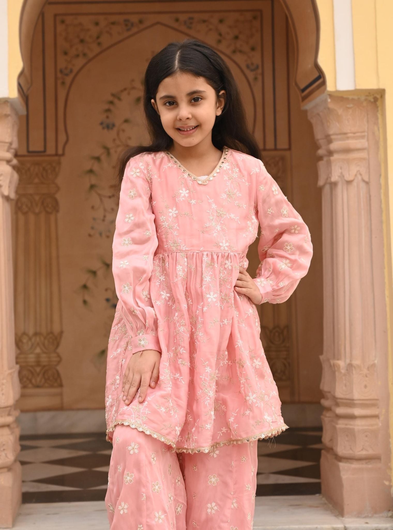 Mulmul Organza Satin Doria Pink Kurta with Mulmul Organza Satin Doria Pink Sharara