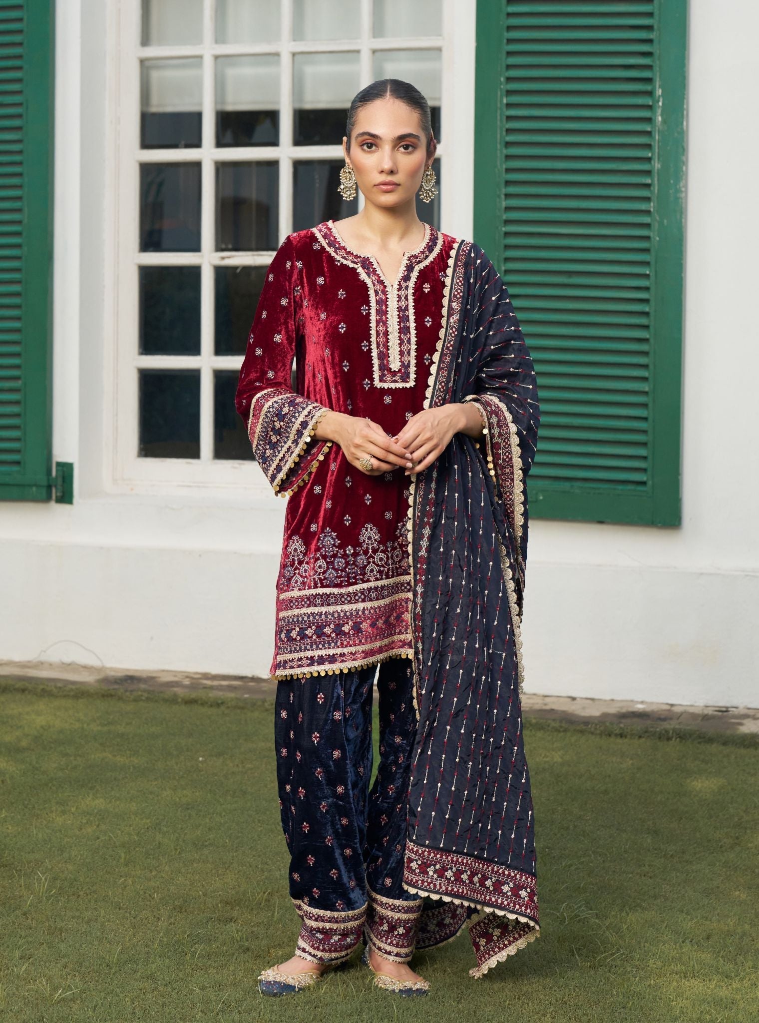 Tami Velvet Wine Kurta with Navy Pant Set
