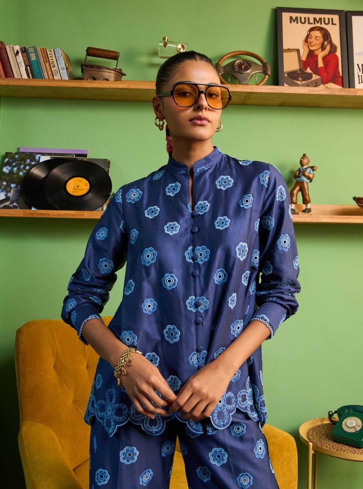 Zivi Pima Satin Navy Shirt Set