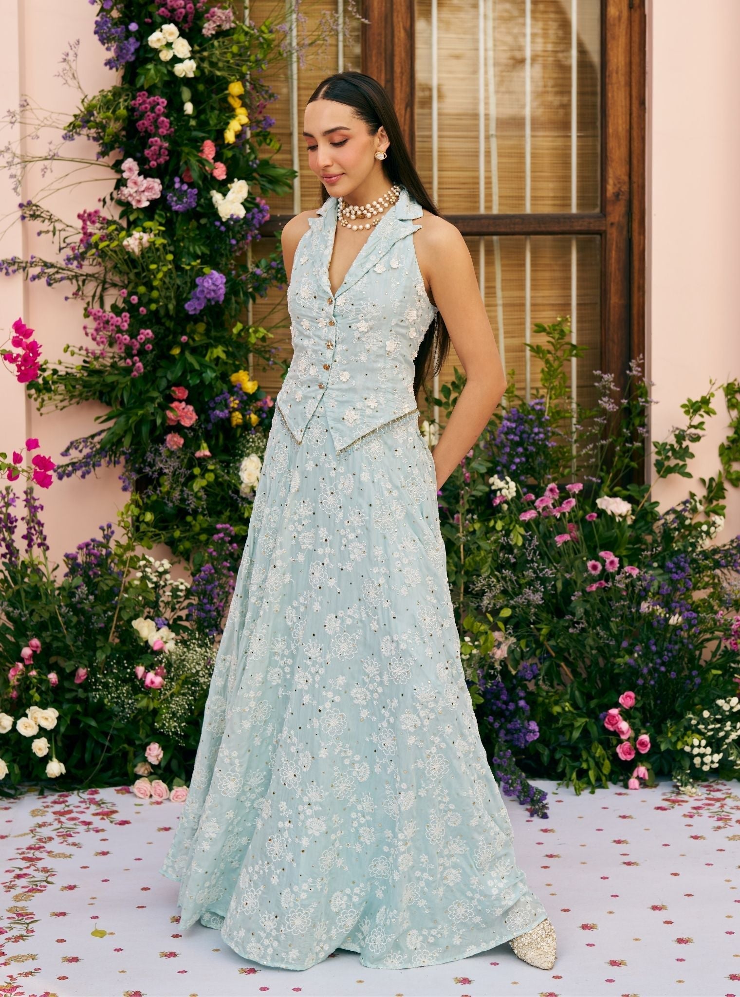 Chavi Mulmul Silk Light Blue Waistcoat with Skirt