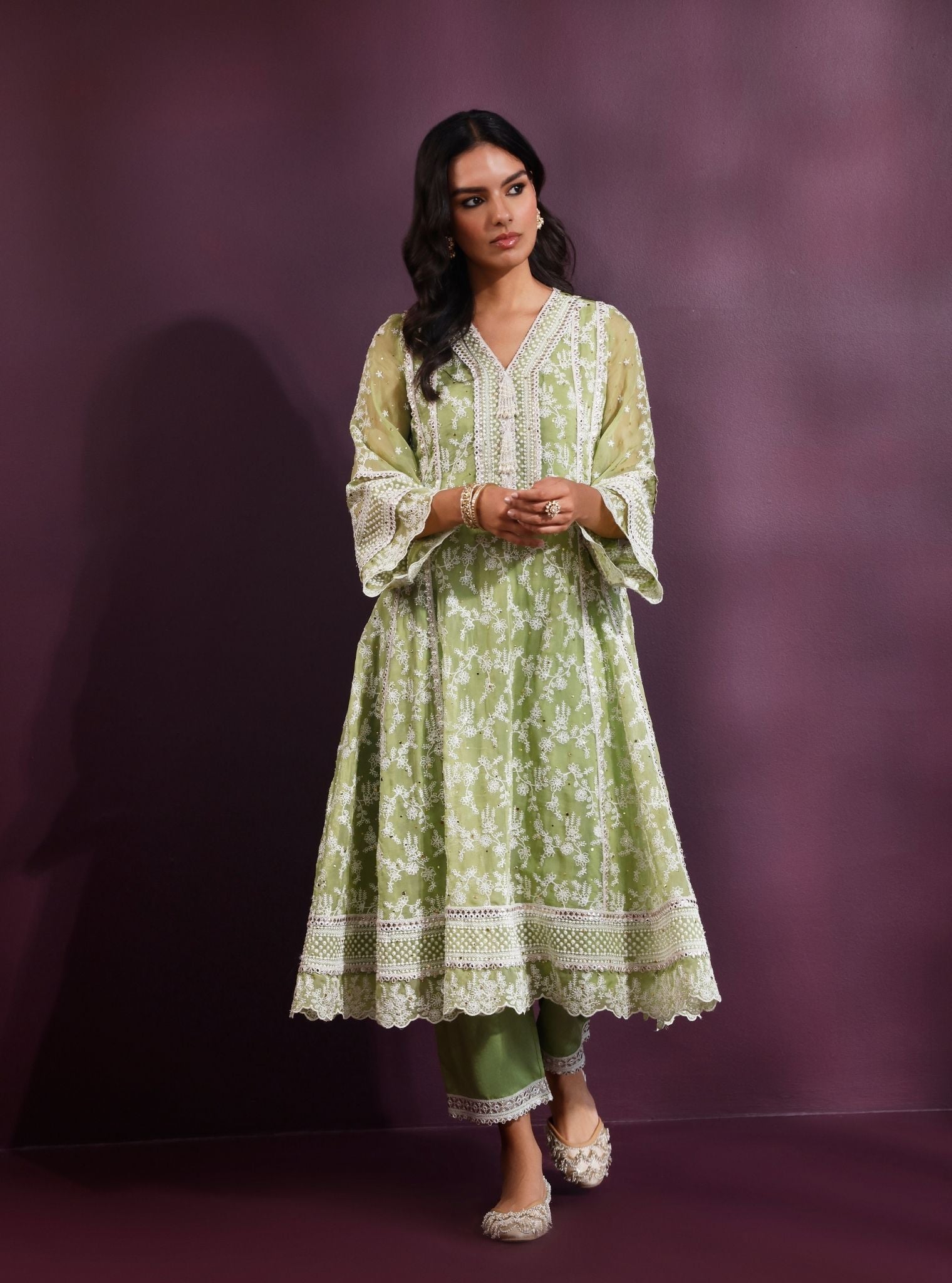 Rupa Organza Pista Green Anarkali Kurta with Pima Satin Pista Green Pant Set