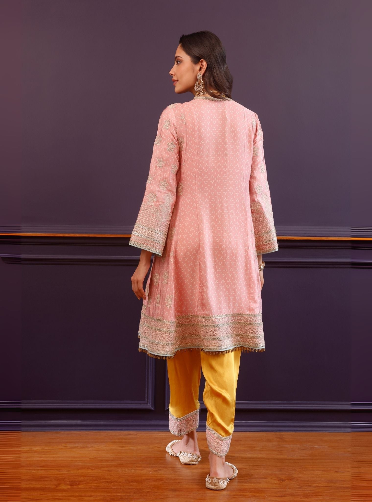 Arvini Cupro Satin Pink Anarkali Kurta Set