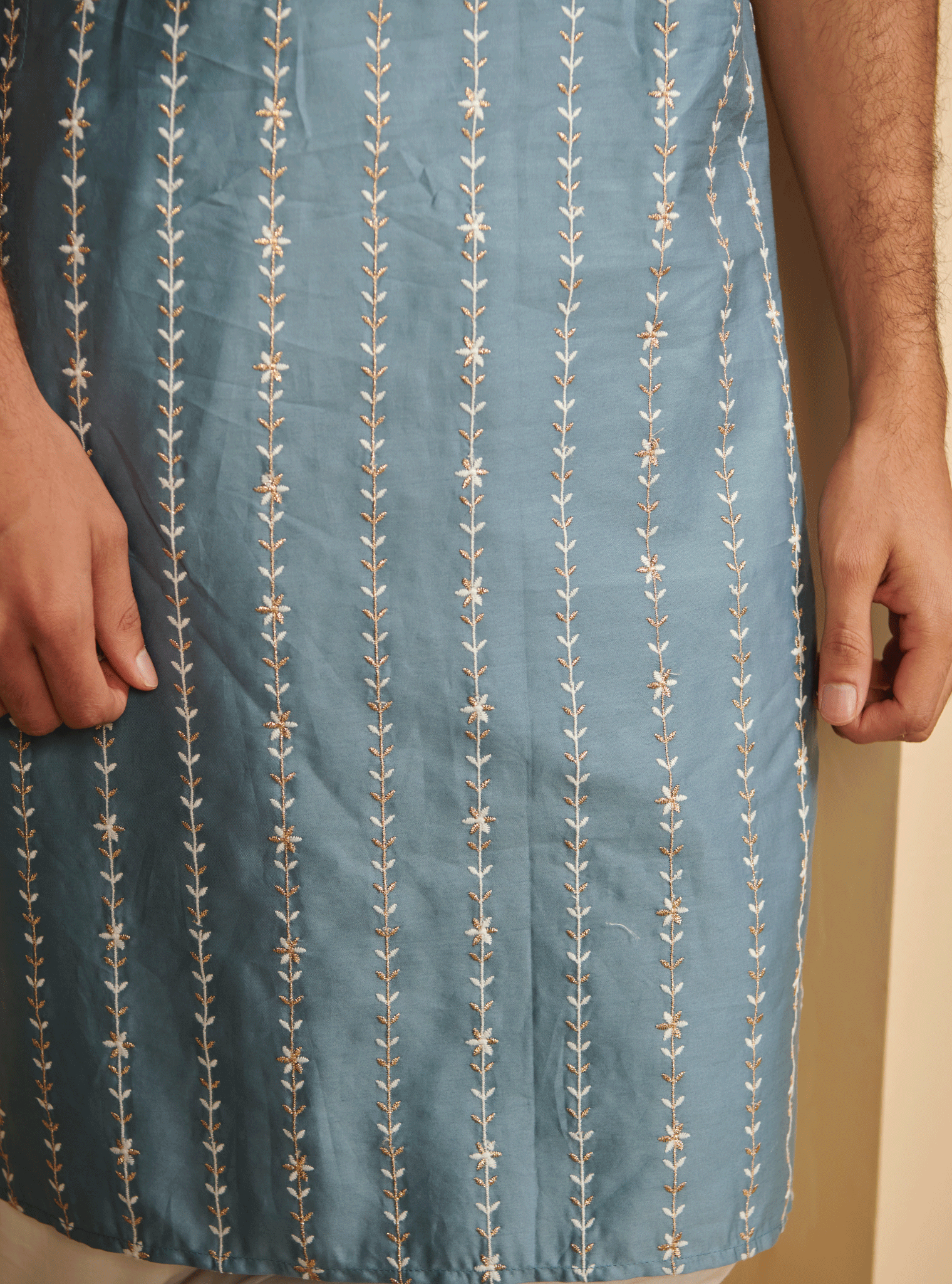 Mulmul Pima Satin Sol Denim Kurta With Mulmul Supima Cotton Sol White Pyajama