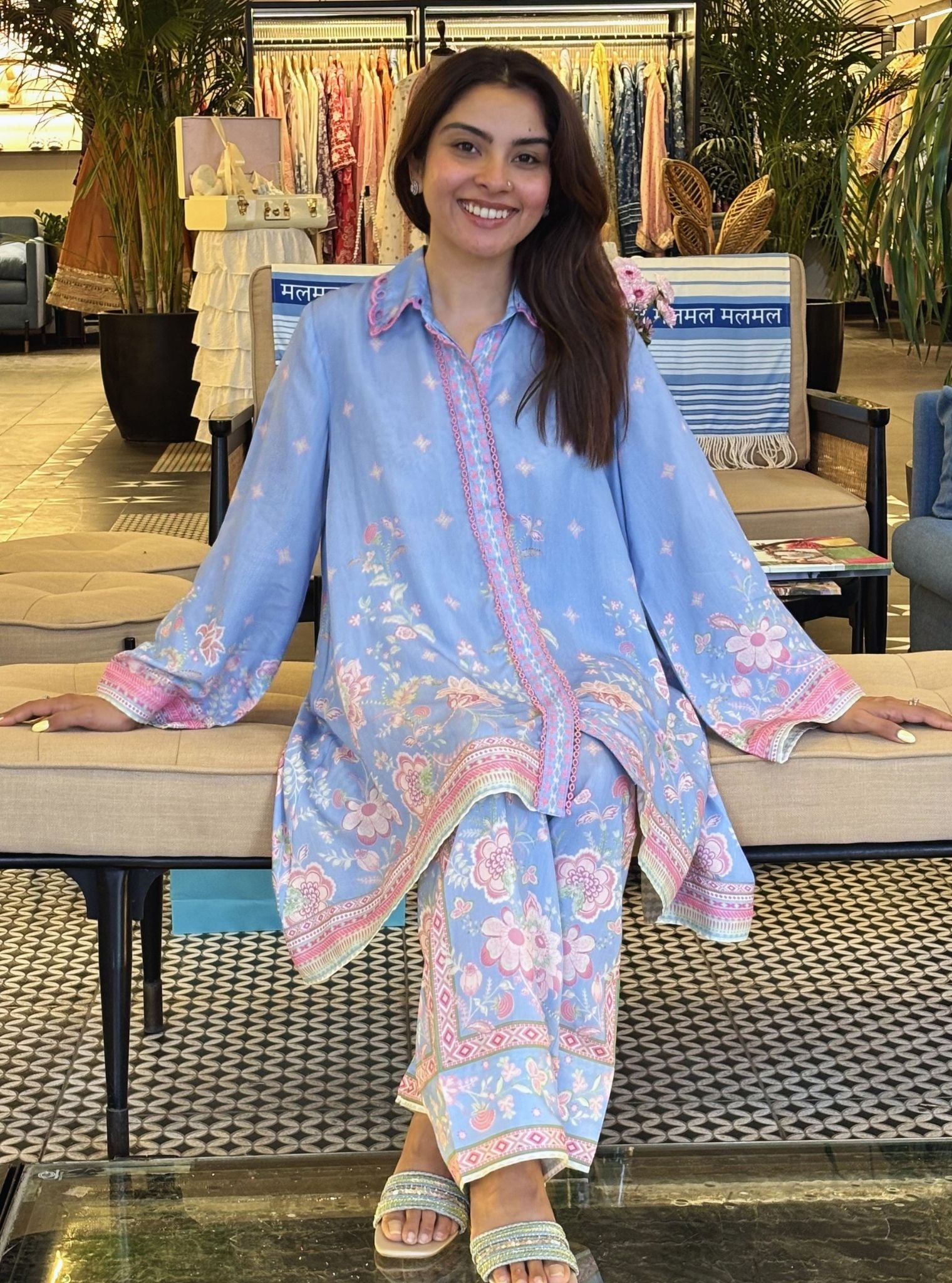 Odelle Lawn Printed Steel Blue Co-ord Set