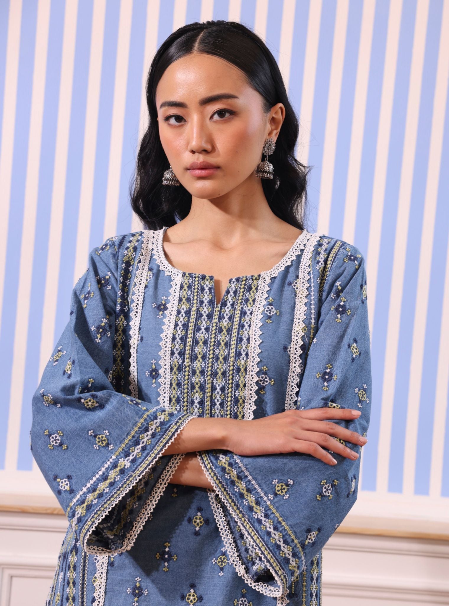 Mulmul Odette Denim Kurta With Mulmul Odette Denim Pant