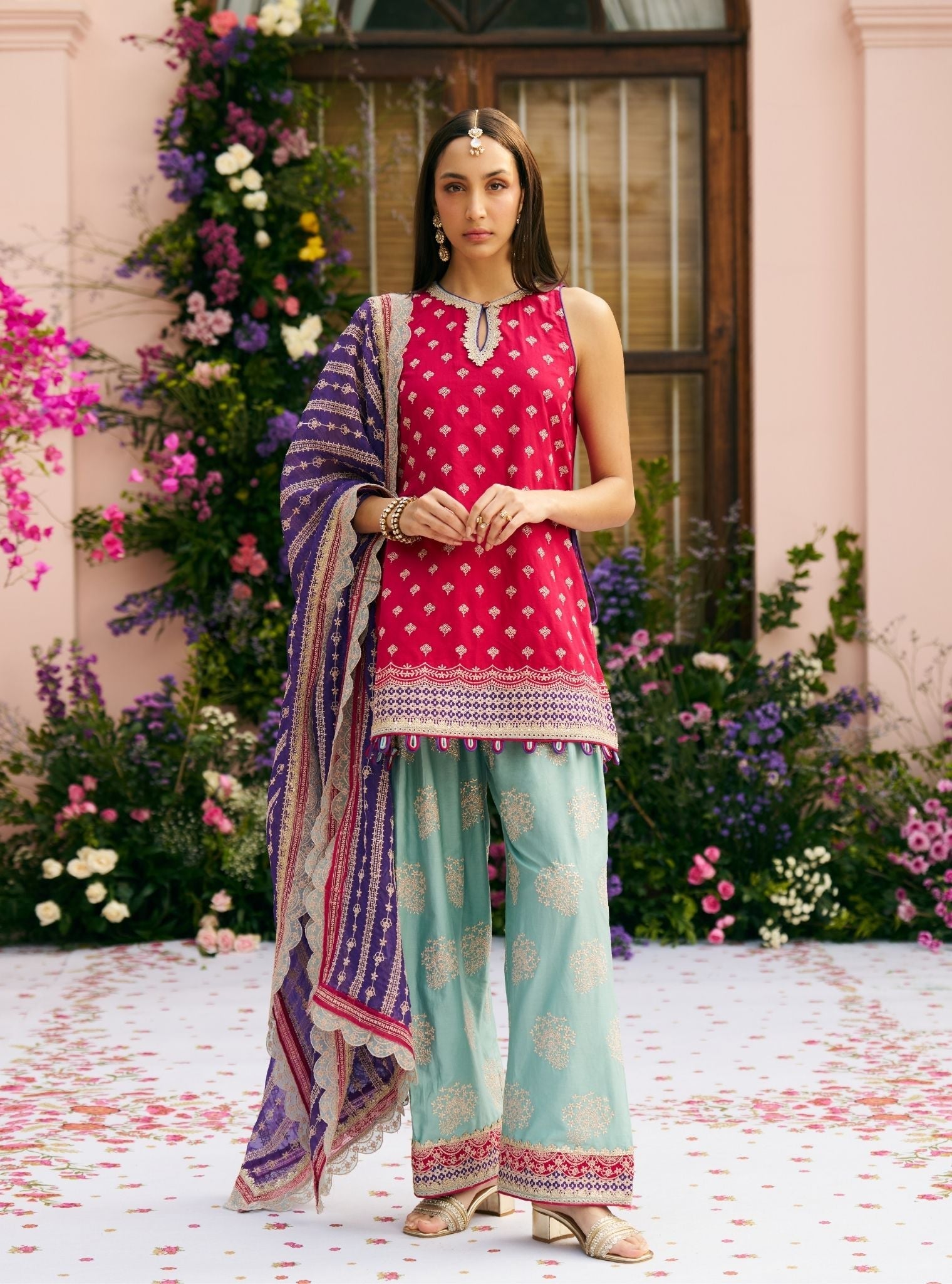 Sugandh Pima Satin Fuchsia Kurta Set