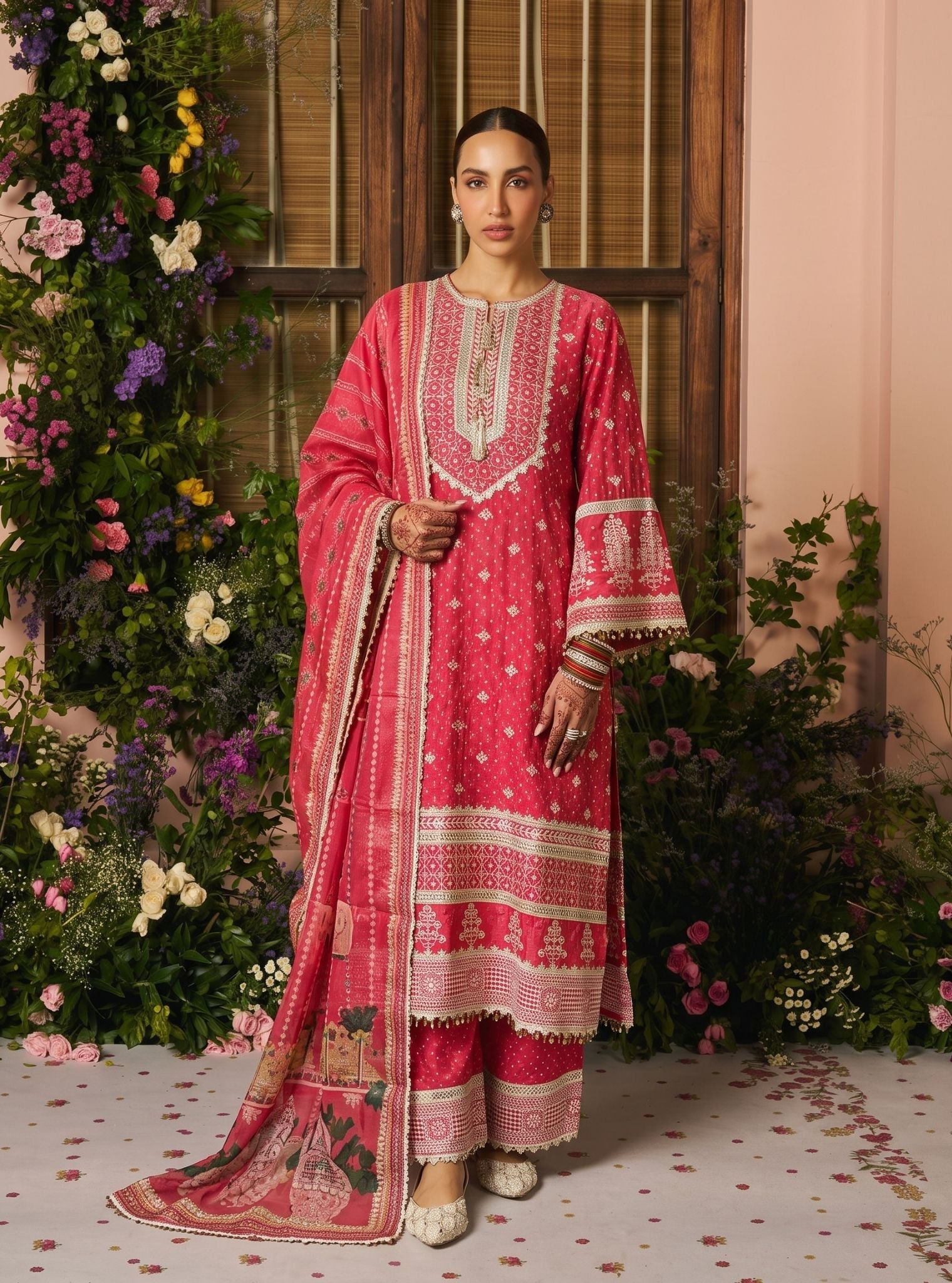 Lari Pima Satin Printed Red Kurta Set