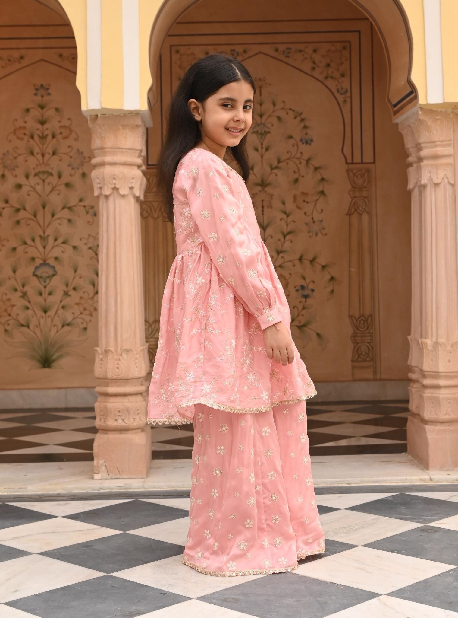 Mulmul Organza Satin Doria Pink Kurta with Mulmul Organza Satin Doria Pink Sharara