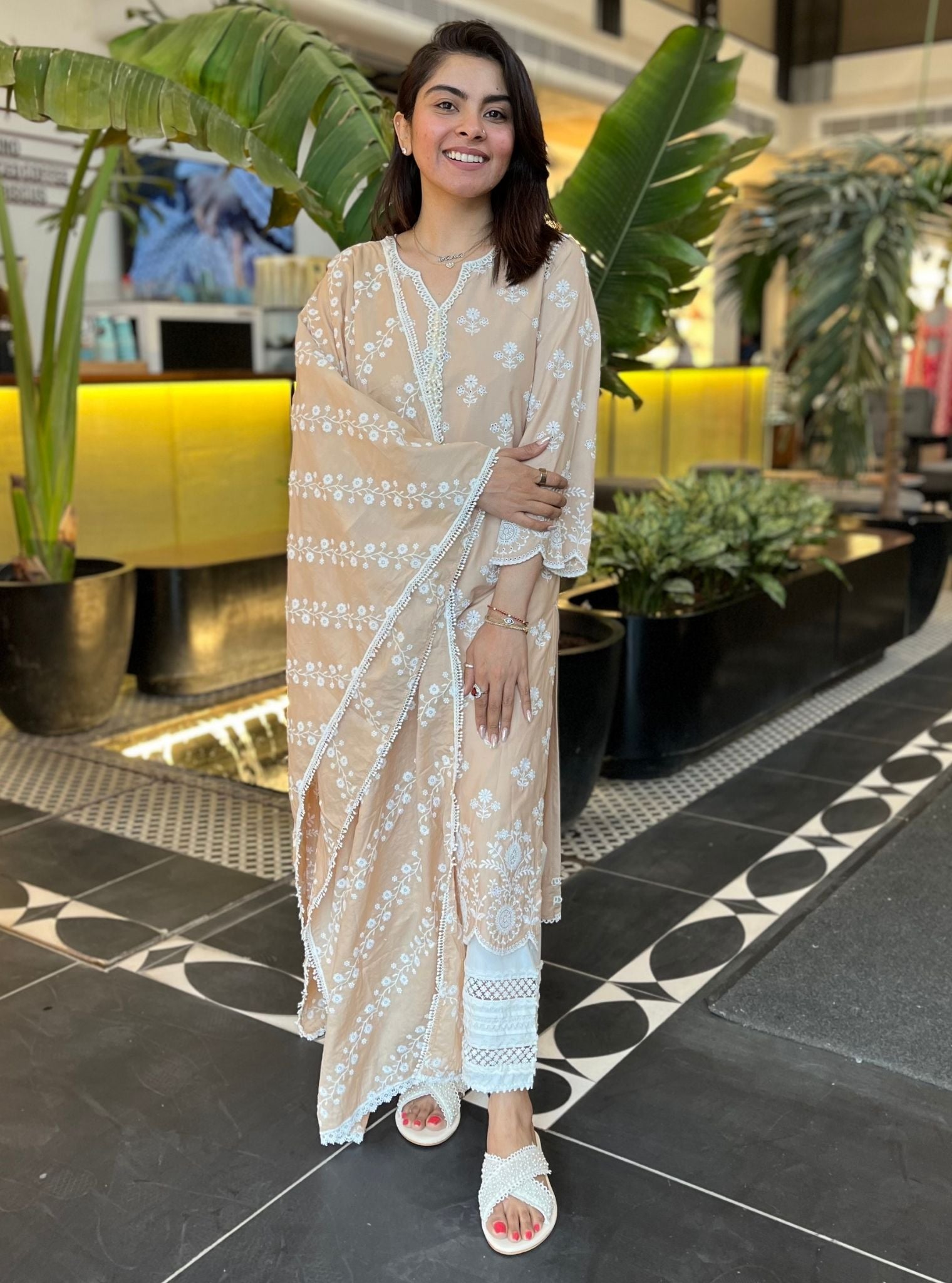 Arpora Supima Cotton Beige Kurta With Floral Ladder Slim Pant