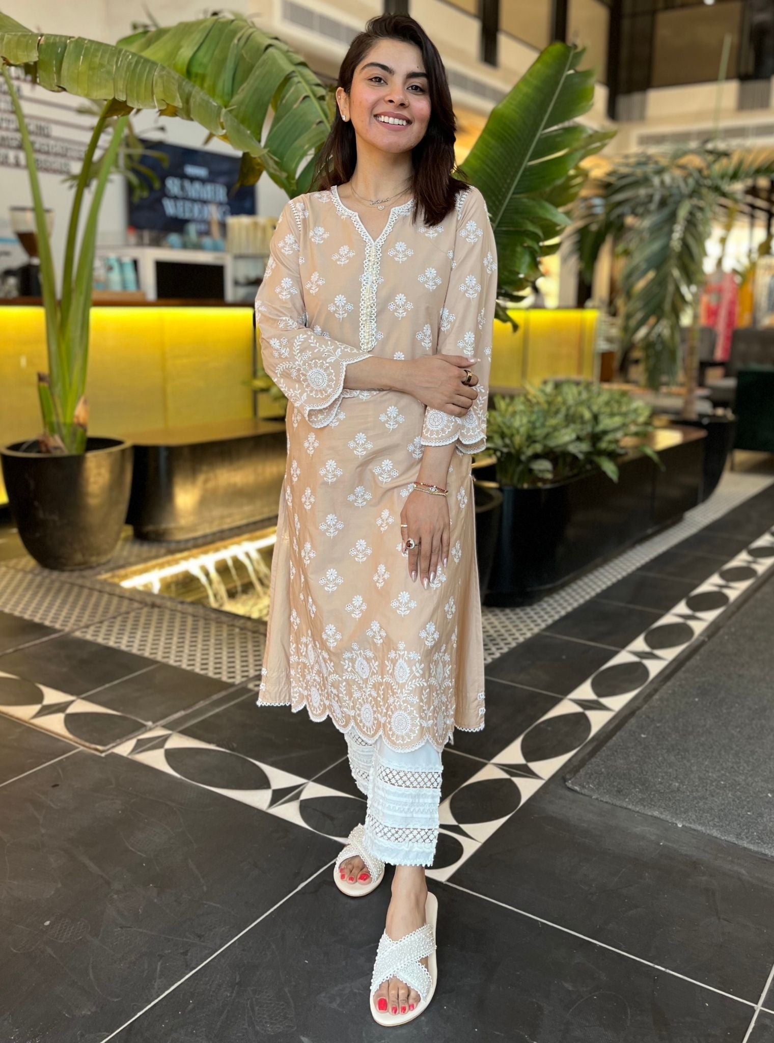 Arpora Supima Cotton Beige Kurta With Floral Ladder Slim Pant