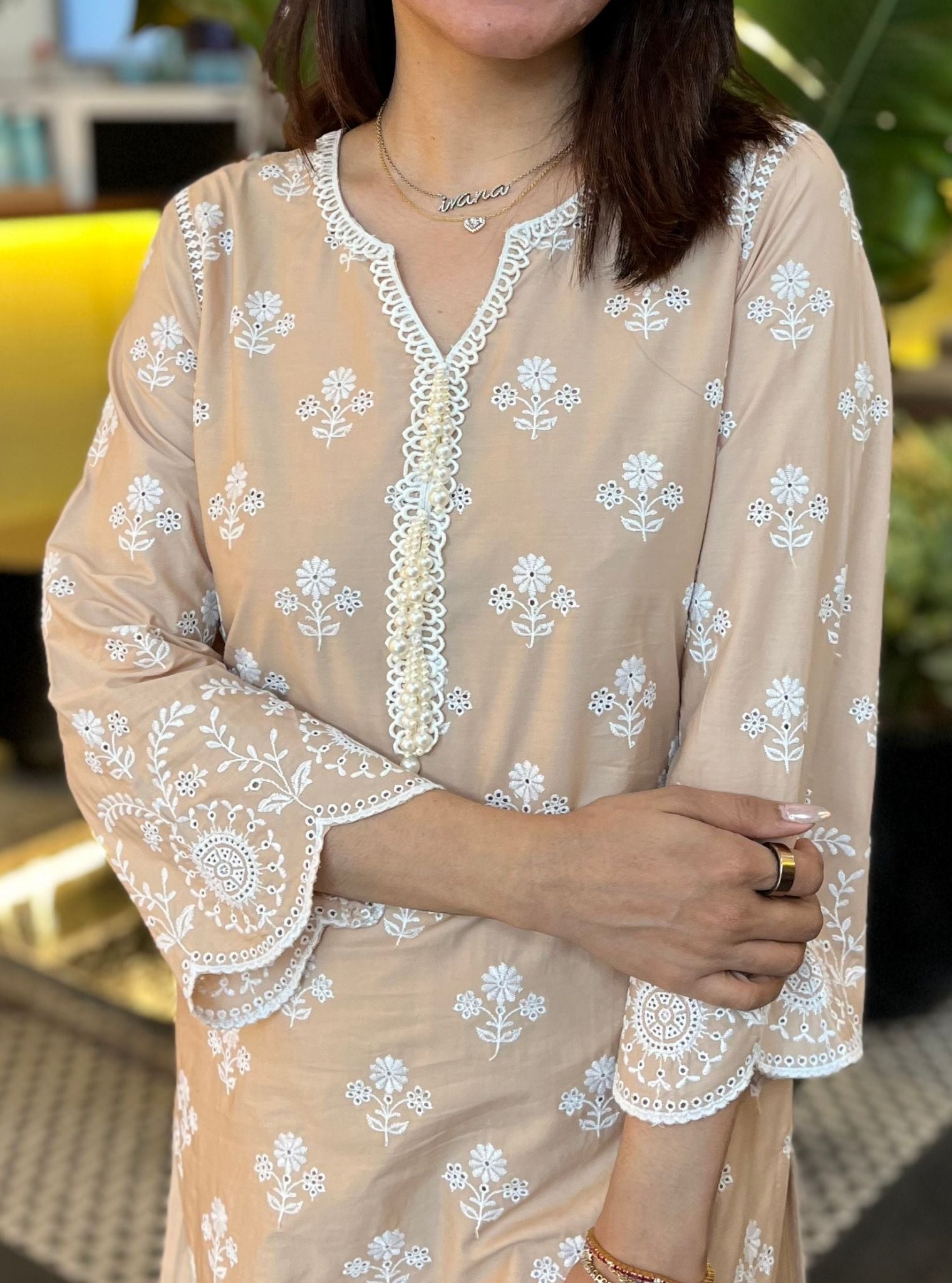 Arpora Supima Cotton Beige Kurta With Floral Ladder Slim Pant