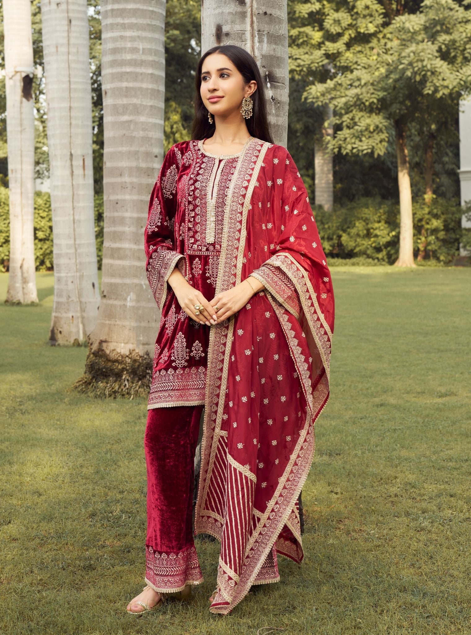 Sargam Velvet Wine Kurta Set