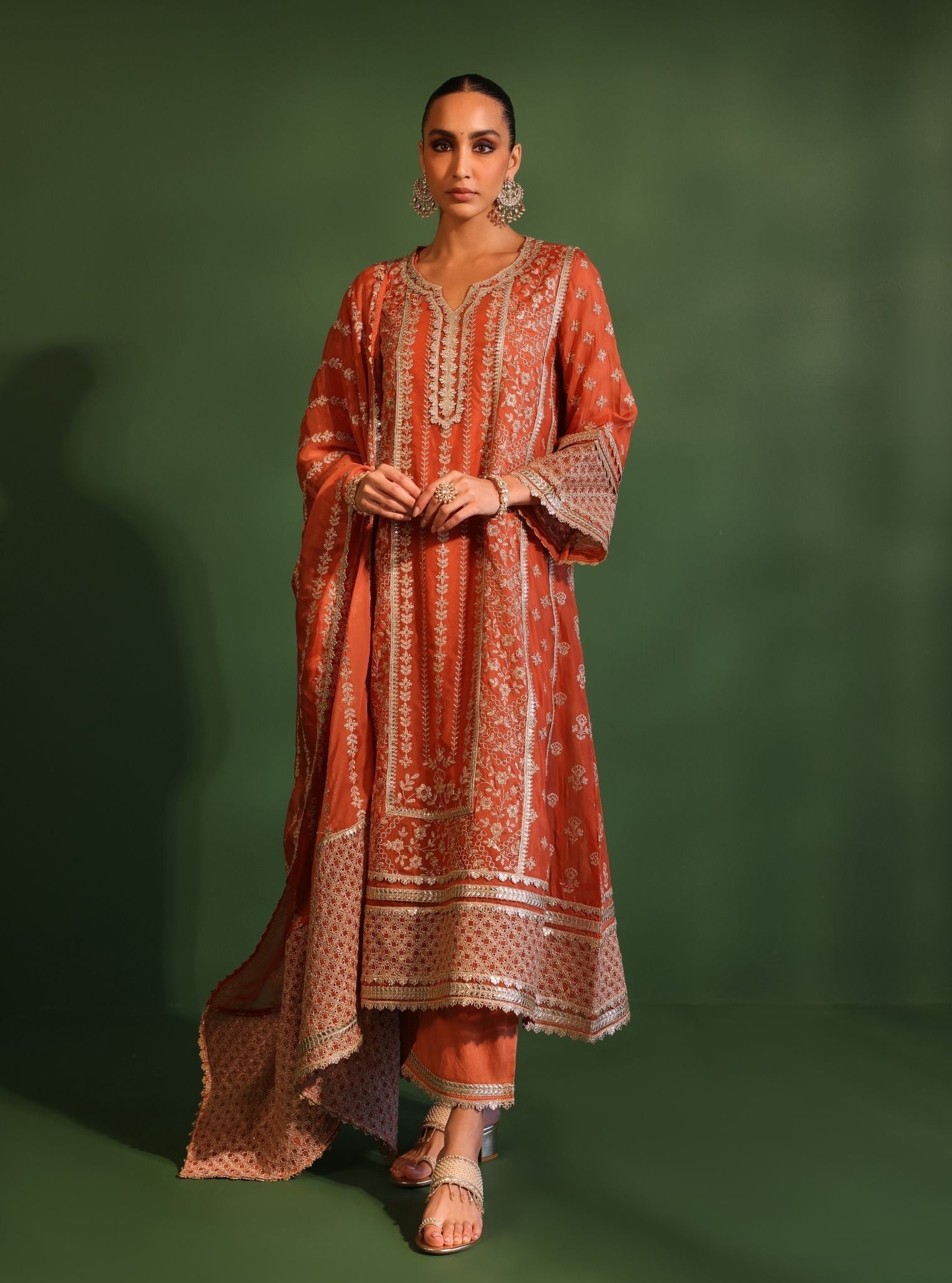 Mulmul Organza Katha Orange Anarkali Kurta With Mulmul Pima Satin Katha Orange Pant