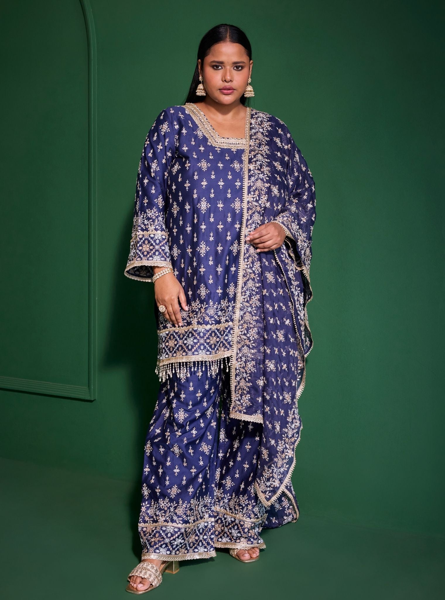 Mulmul Pima Satin Kalander Navy Kurta With Mulmul Pima Satin Kalander Navy Pant