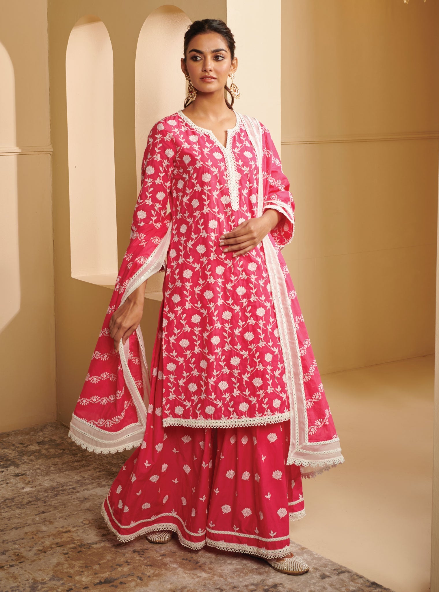 Mulmul Cotton Renisa Pink Kurta With Renisa Pink Skirt