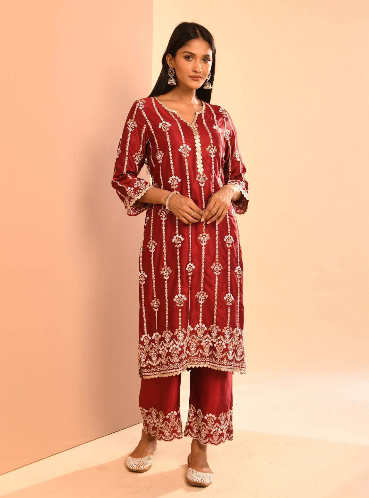 Mulmul Cupro Zoya Wine Kurta With Mulmul Cupro Zoya Wine Pant