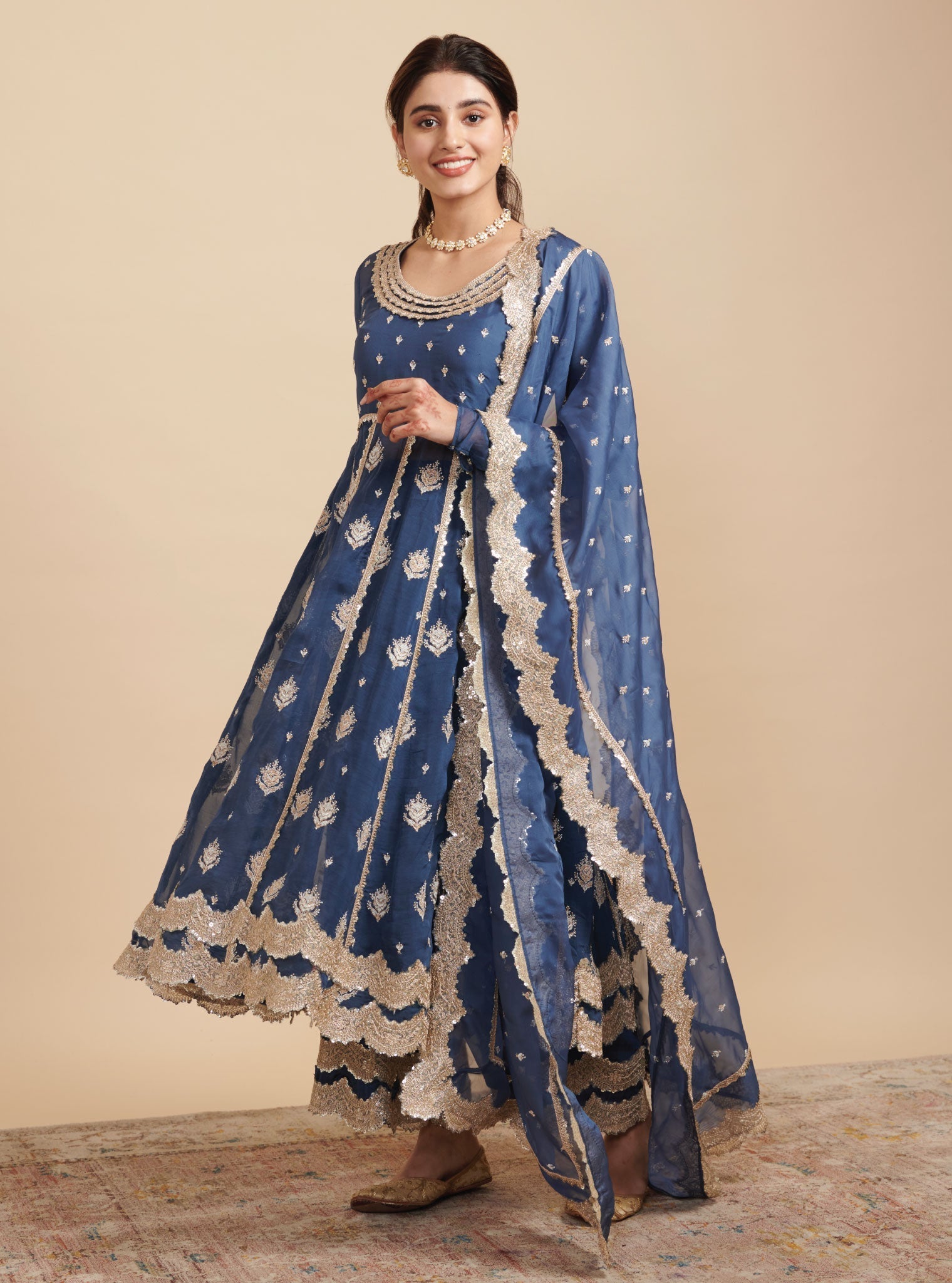 Mulmul Organza Gulabo Navy Anarkali Kurta With Mulmul Cupro Gulabo Navy pant