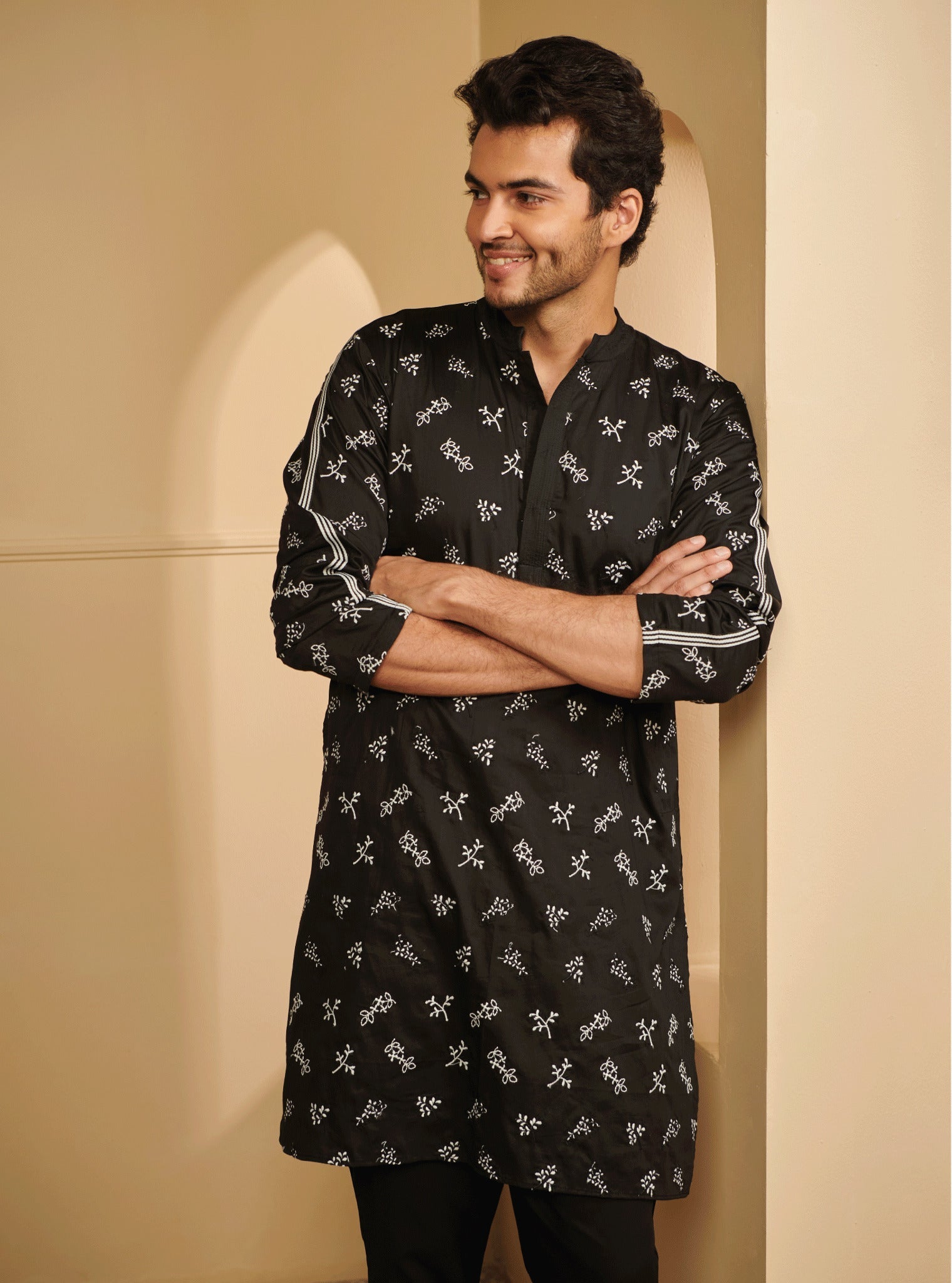 Mulmul Pima Satin Elio Black Kurta With Elio Black Pyajama