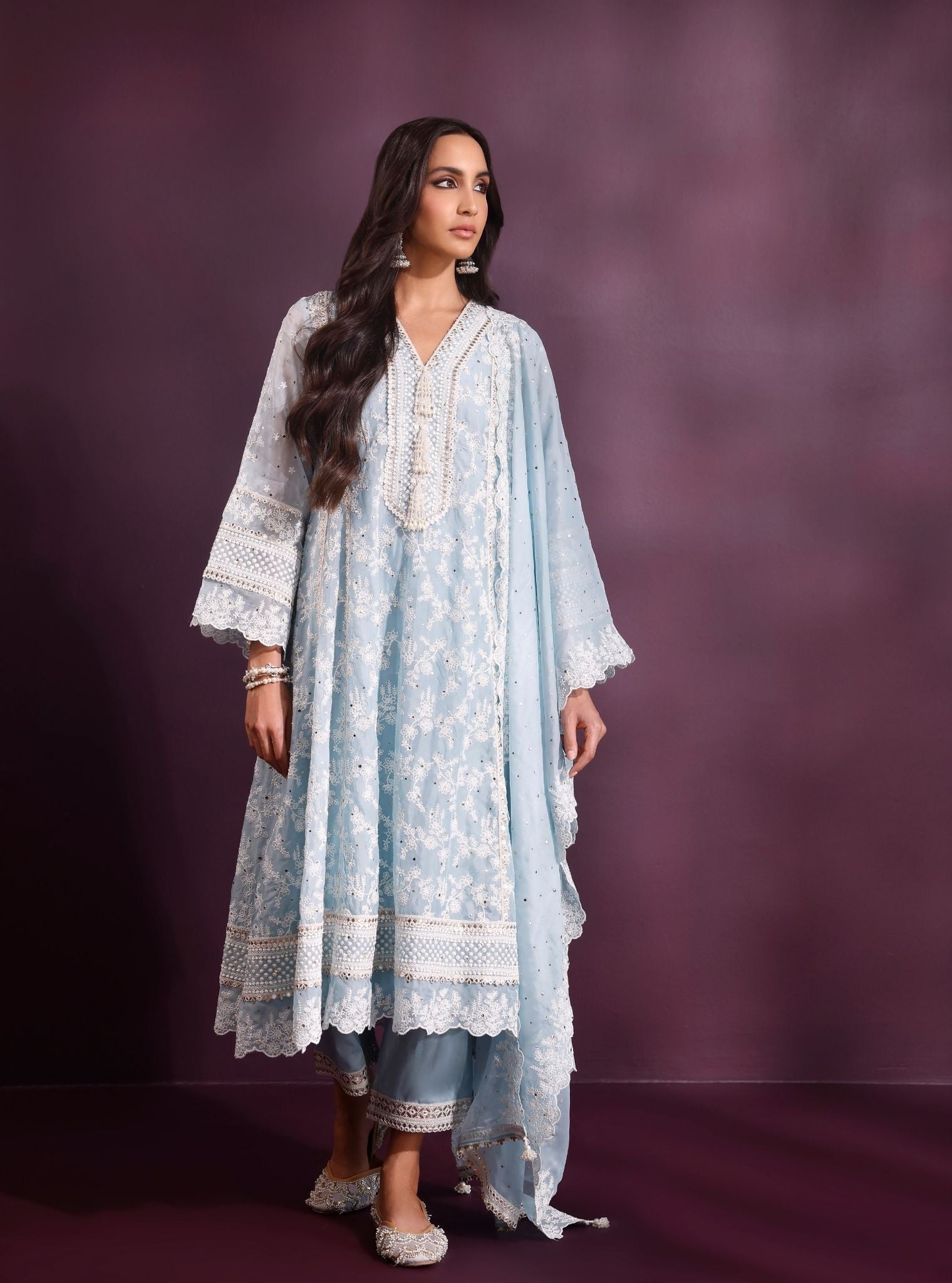 Rupa Organza Blue Anarkali Kurta with Pima Satin Blue Pant Set