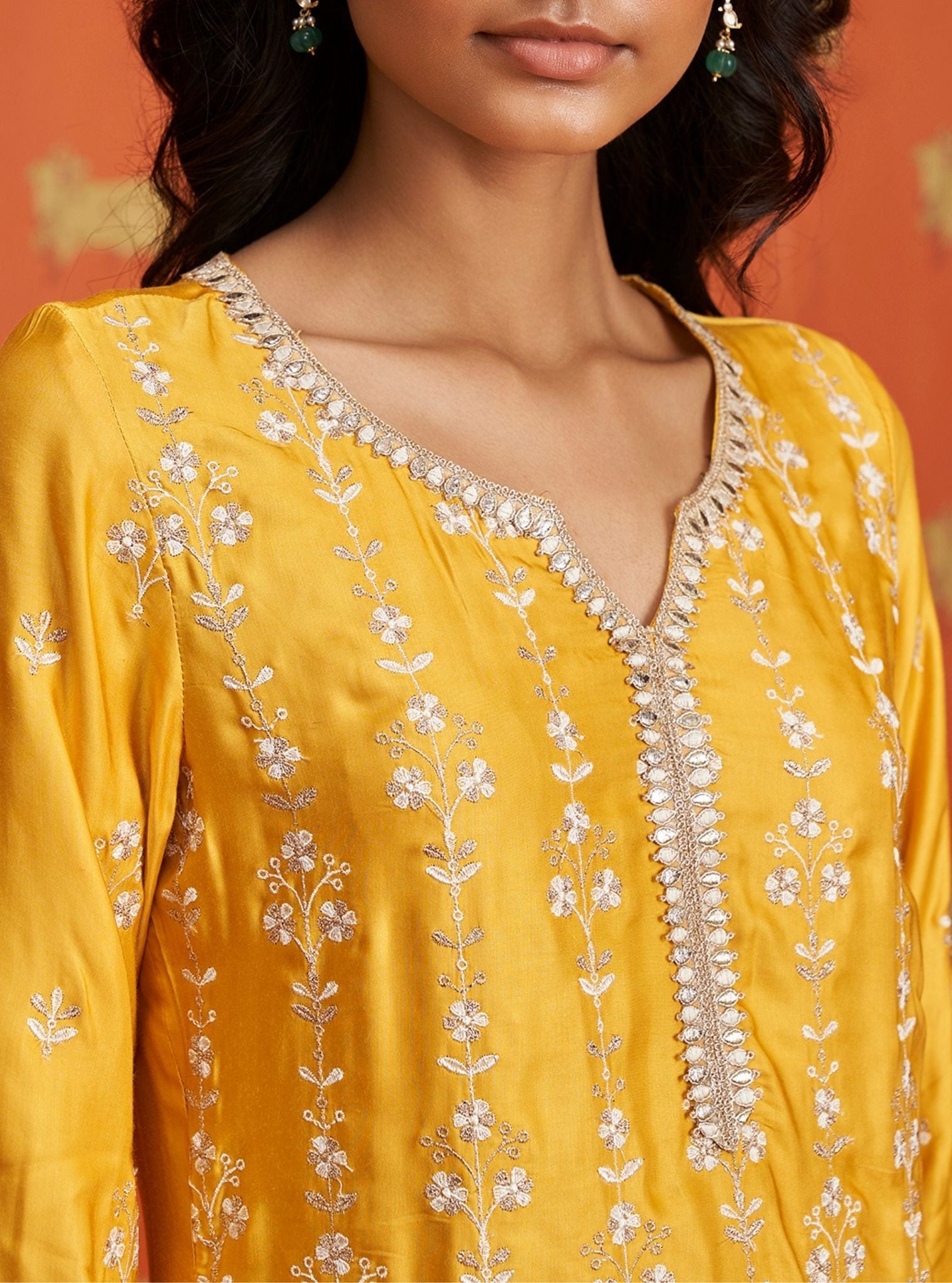 Mulmul Cupro Satin Tasanee Yellow Kurta With Mulmul Cupro Satin Tasanee Yellow Pant