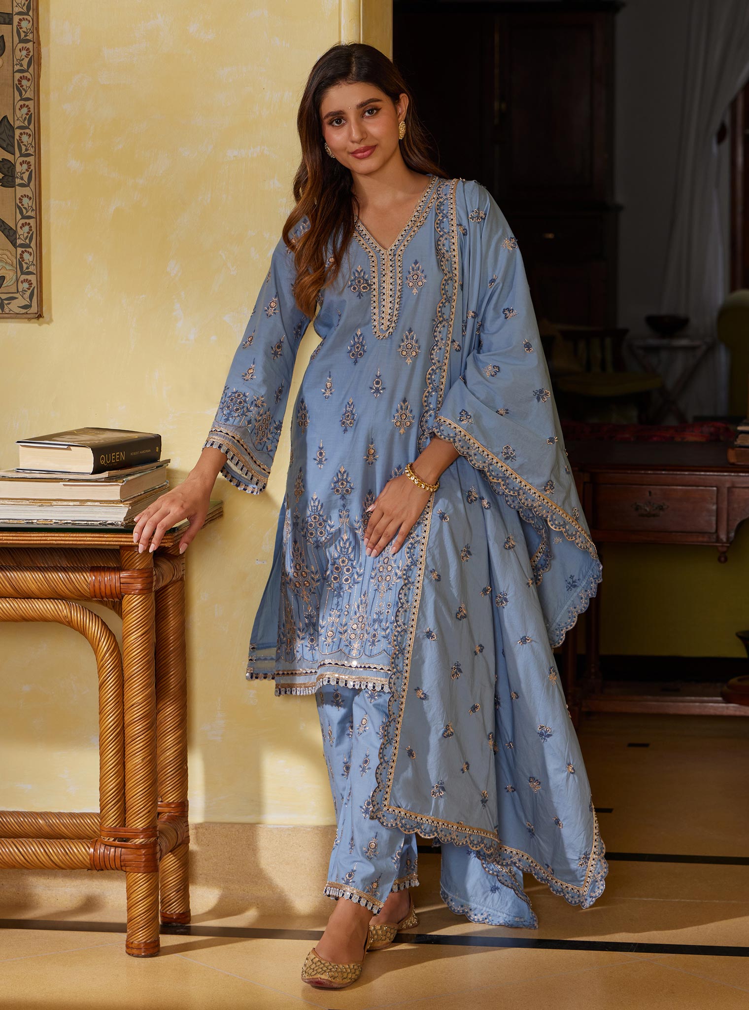 Mulmul Cotton Amaltas Dark Blue Kurta with Mulmul Cotton Amaltas Dark Blue Pant