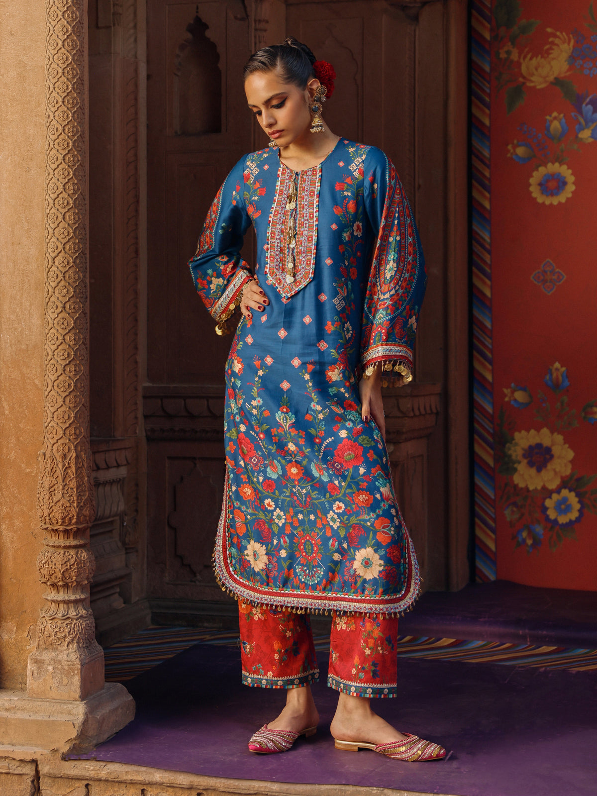 Sangi Pima Satin Printed Navy Long Kurta Set