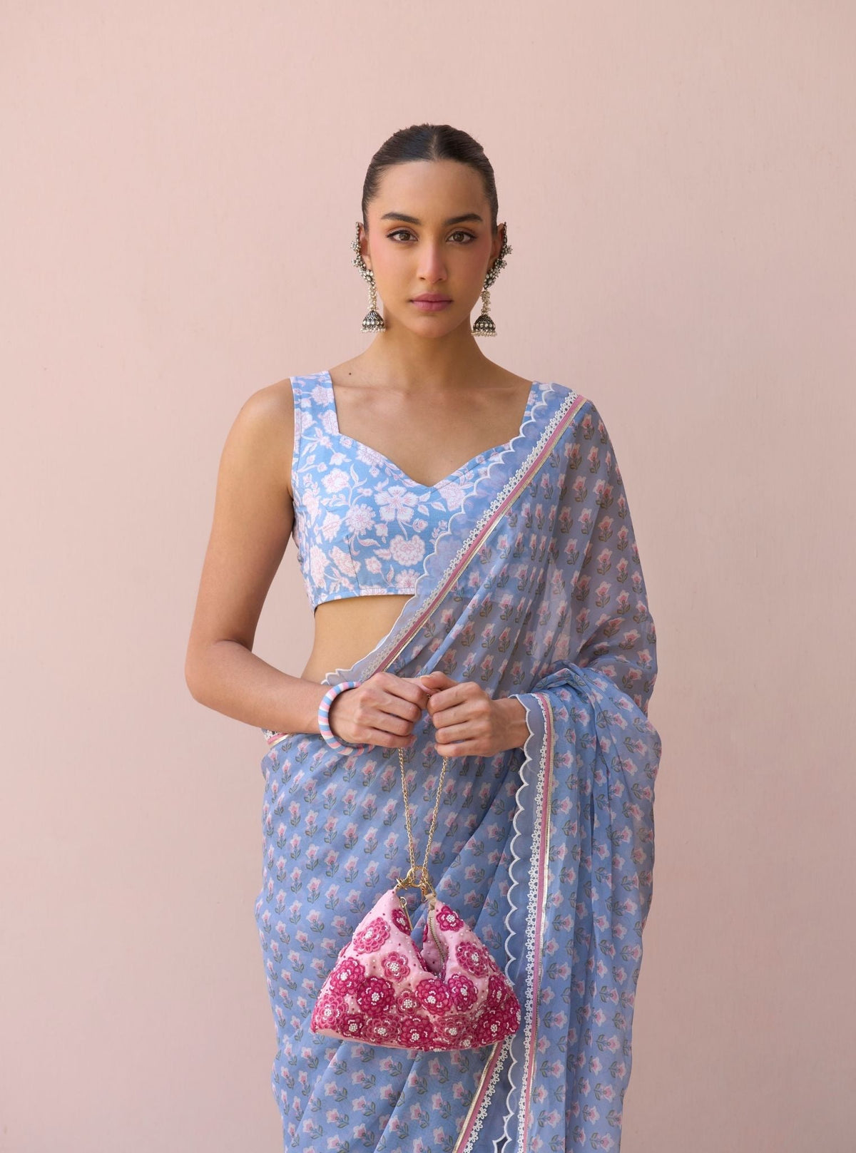 Clarimond Steel Blue Printed Organza Saree