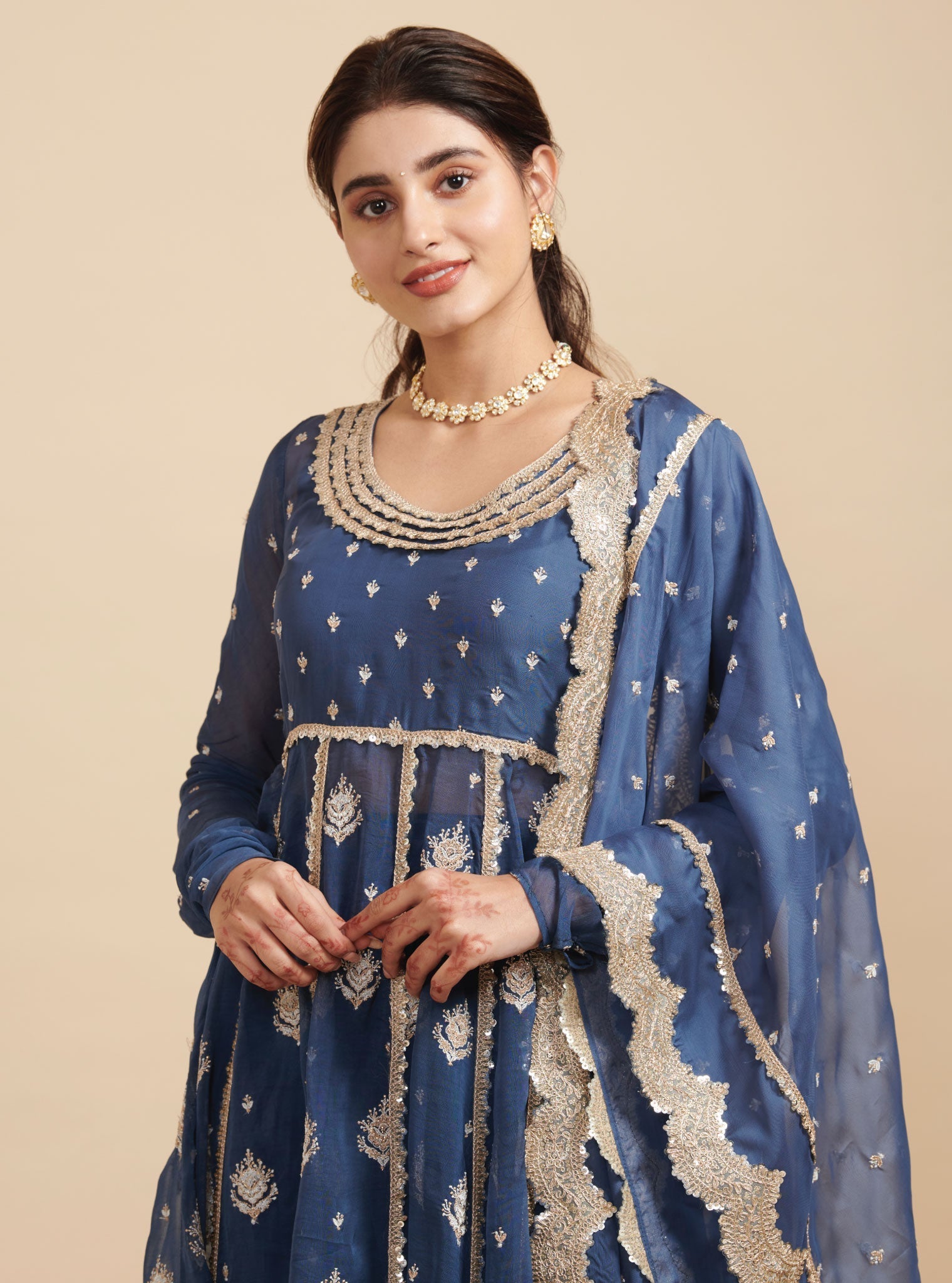 Mulmul Organza Gulabo Navy Anarkali Kurta With Mulmul Cupro Gulabo Navy pant