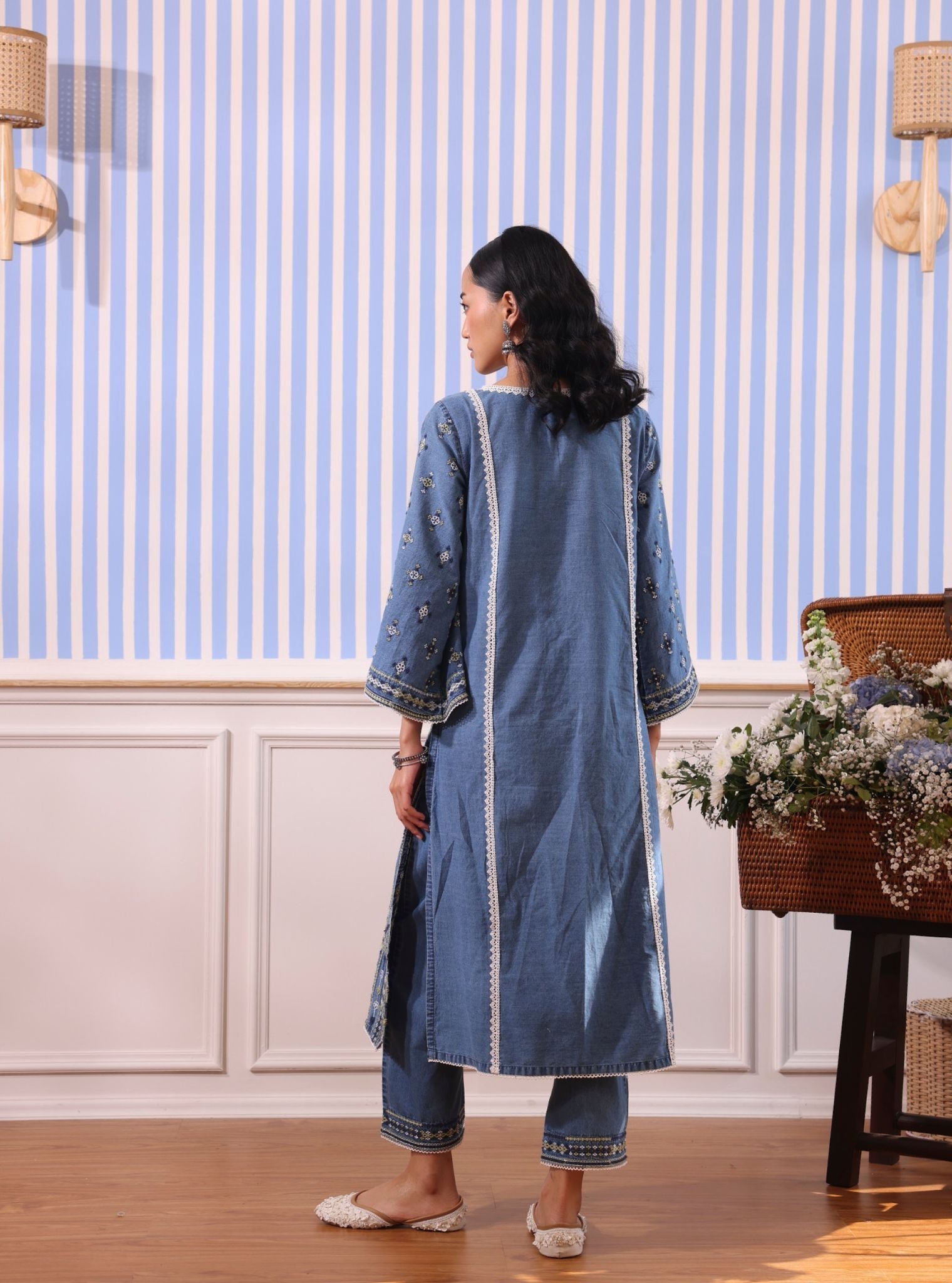 Mulmul Odette Denim Kurta With Mulmul Odette Denim Pant