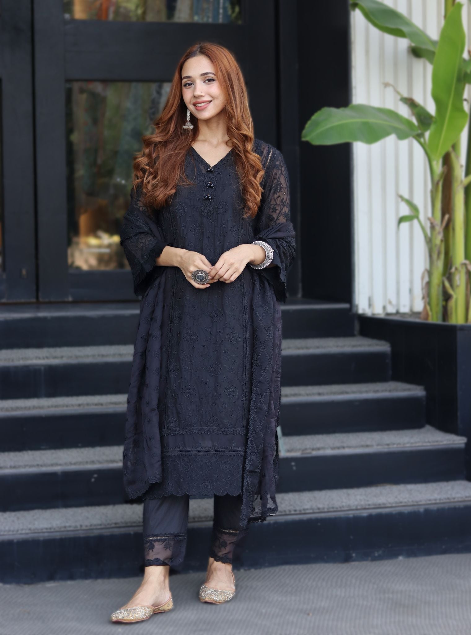 Mulmul Organza Dorset Black Kurta With Cotton Dorset Black Pant