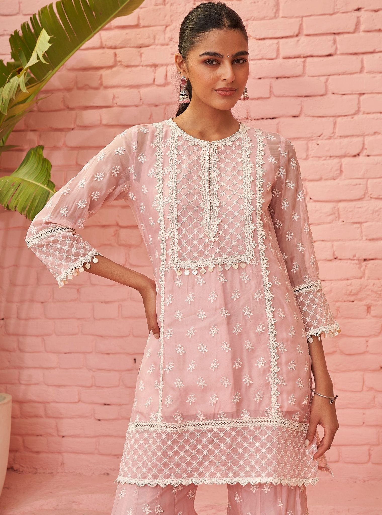 Mulmul Organza Raaga Pink Kurta With Mulmul Organza Raaga Pink Pant