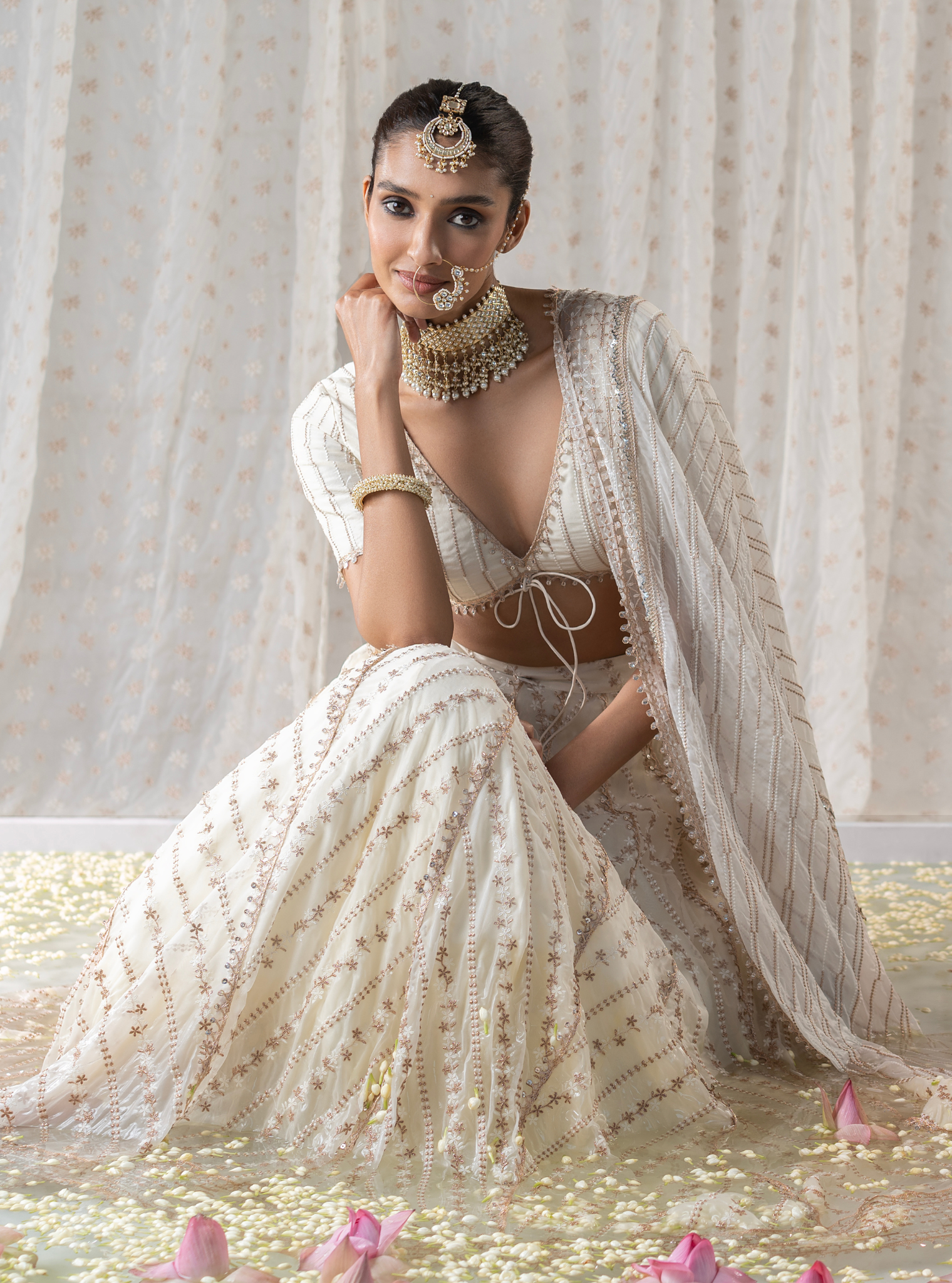 Mulmul Organza Gulmohar Off White Lehenga