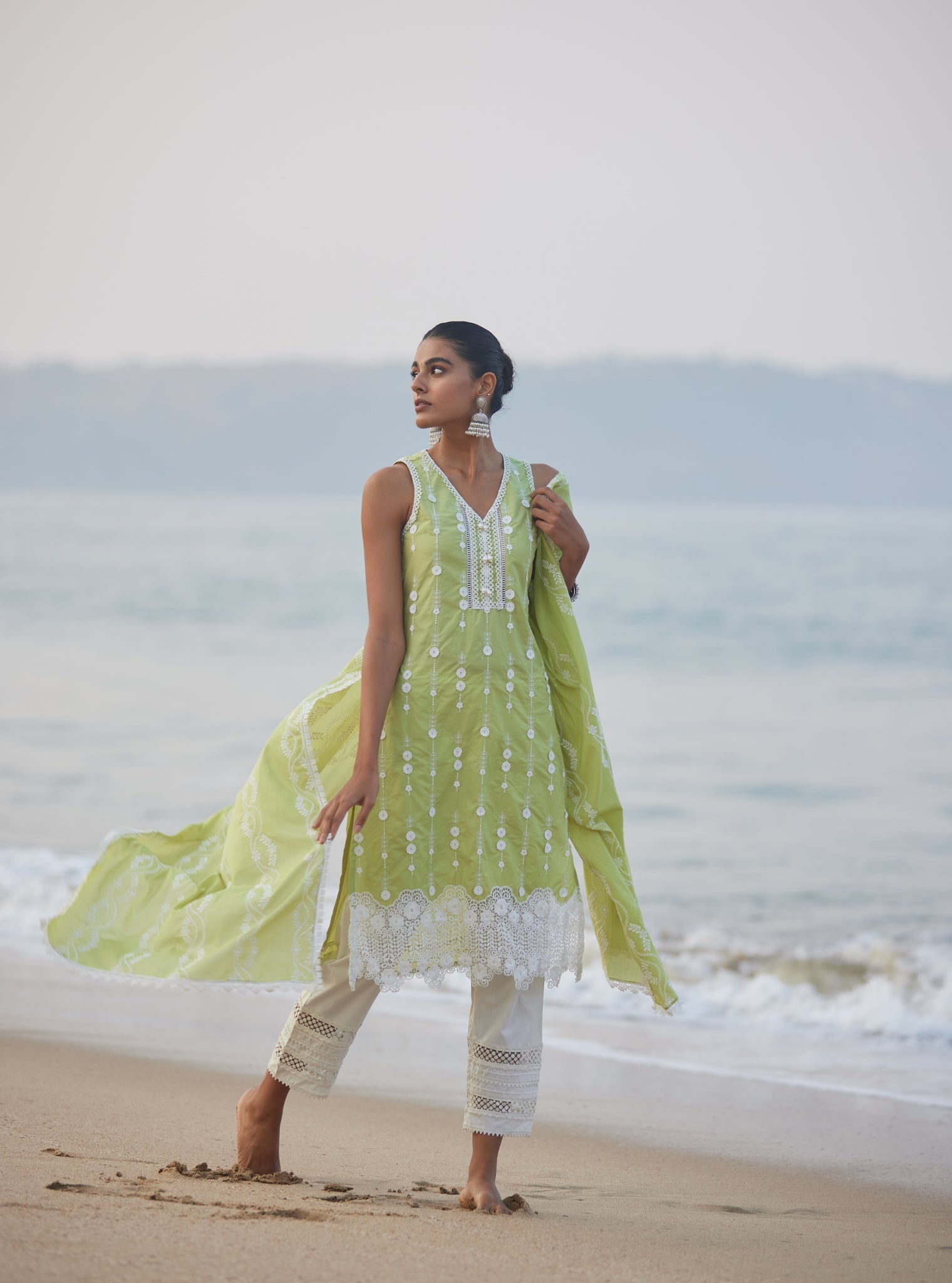 Mulmul Cotton Naroa Lime Kurta With Mulmul Cotton Floral Ladder Slim White Pant