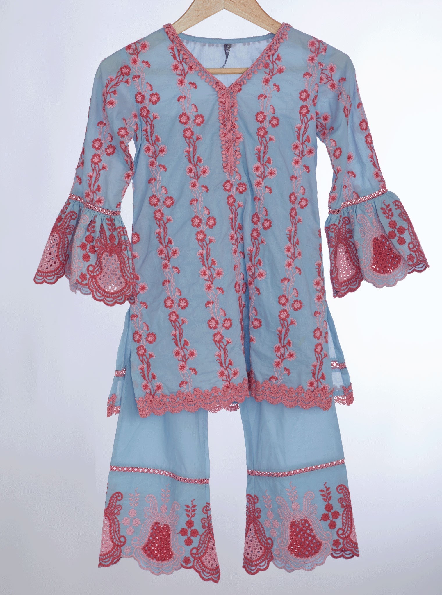 Mulmul Cotton Cher Light Blue Kurta With Cher Light Blue Pant