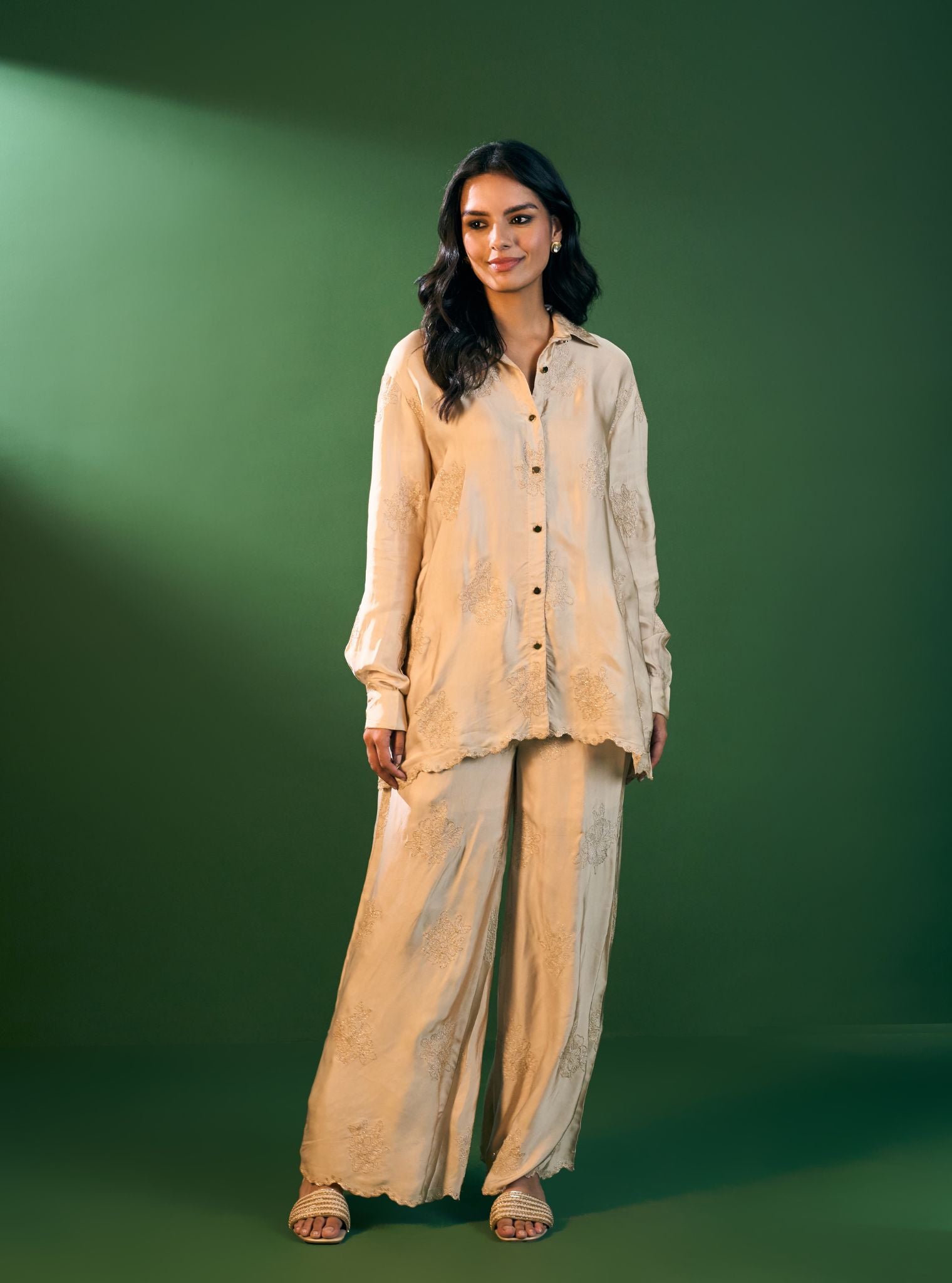 Mireille Cupro Satin Beige Shirt & Pant Set