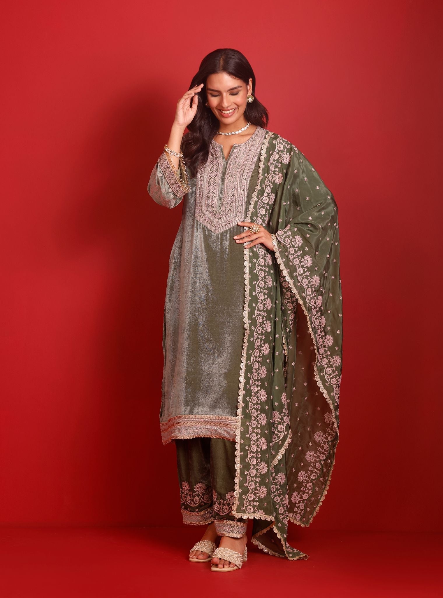 Madhaniya Velvet Olive Green Kurta Set