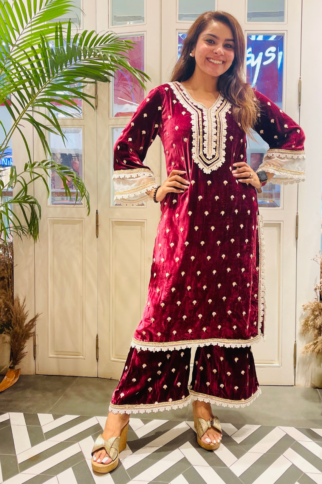 Eliza Velvet Wine Kurta Set