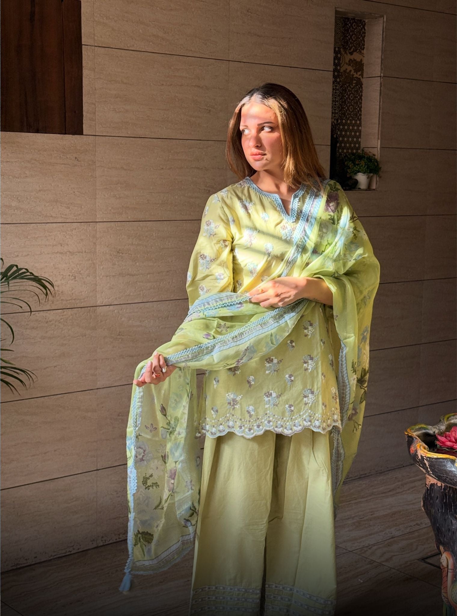 Aviya Supima Cotton Green Kurta With Farshi Salwar