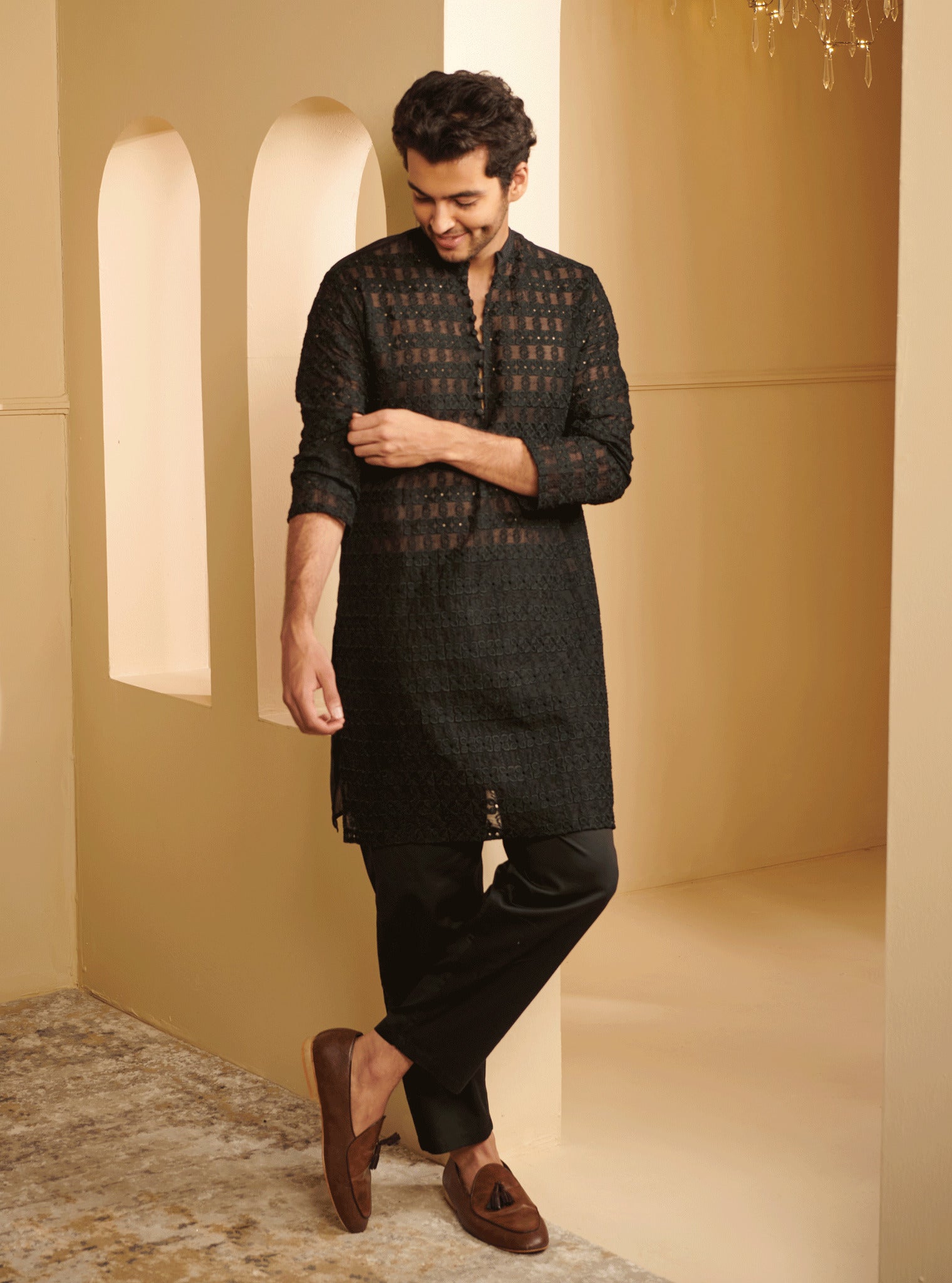 Mulmul Organza Zeke Black Kurta With Mulmul Pima Satin Zeke Black Pyajama