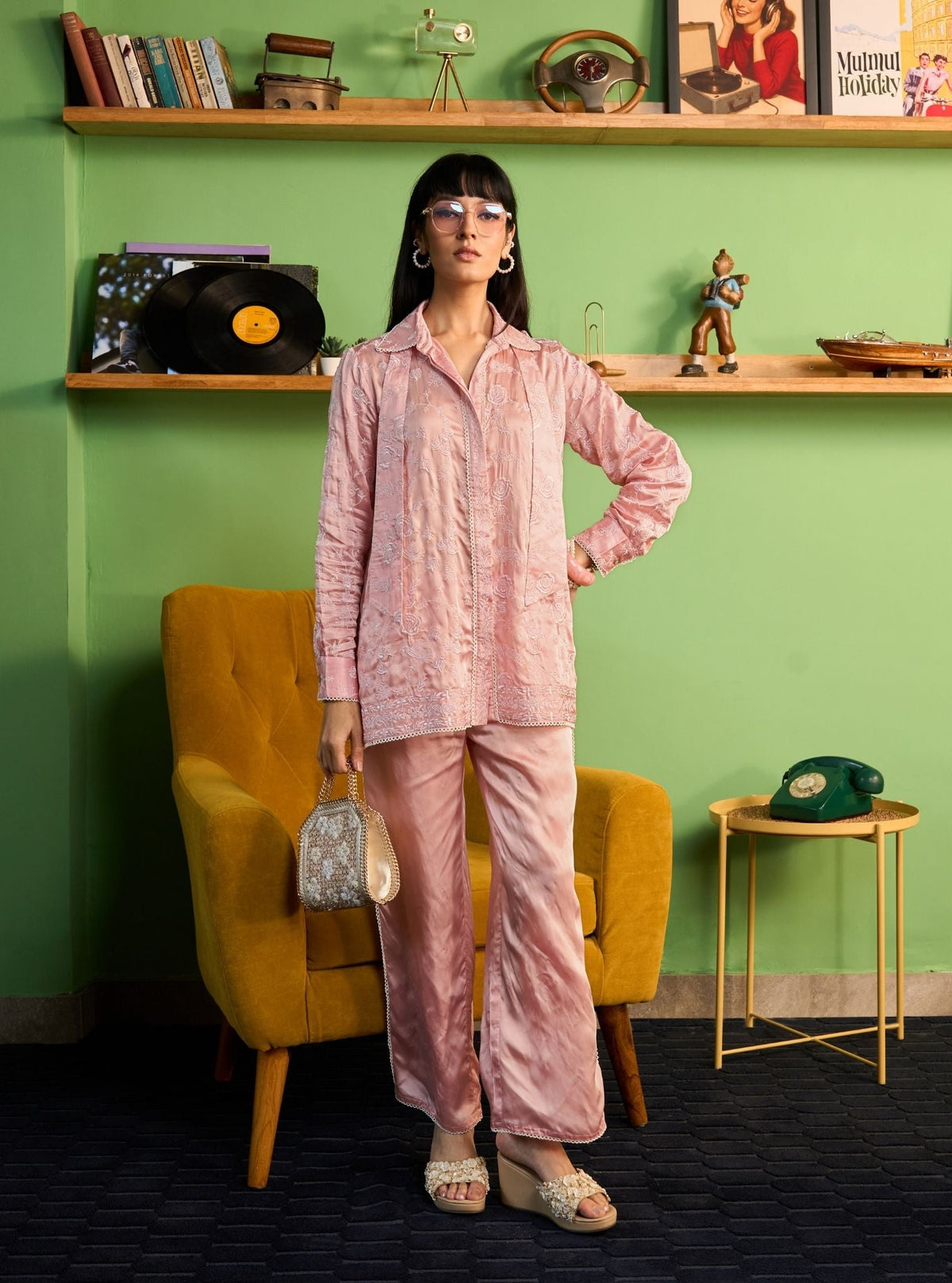 Zuvina Cupro Satin Onion Pink Shirt Set