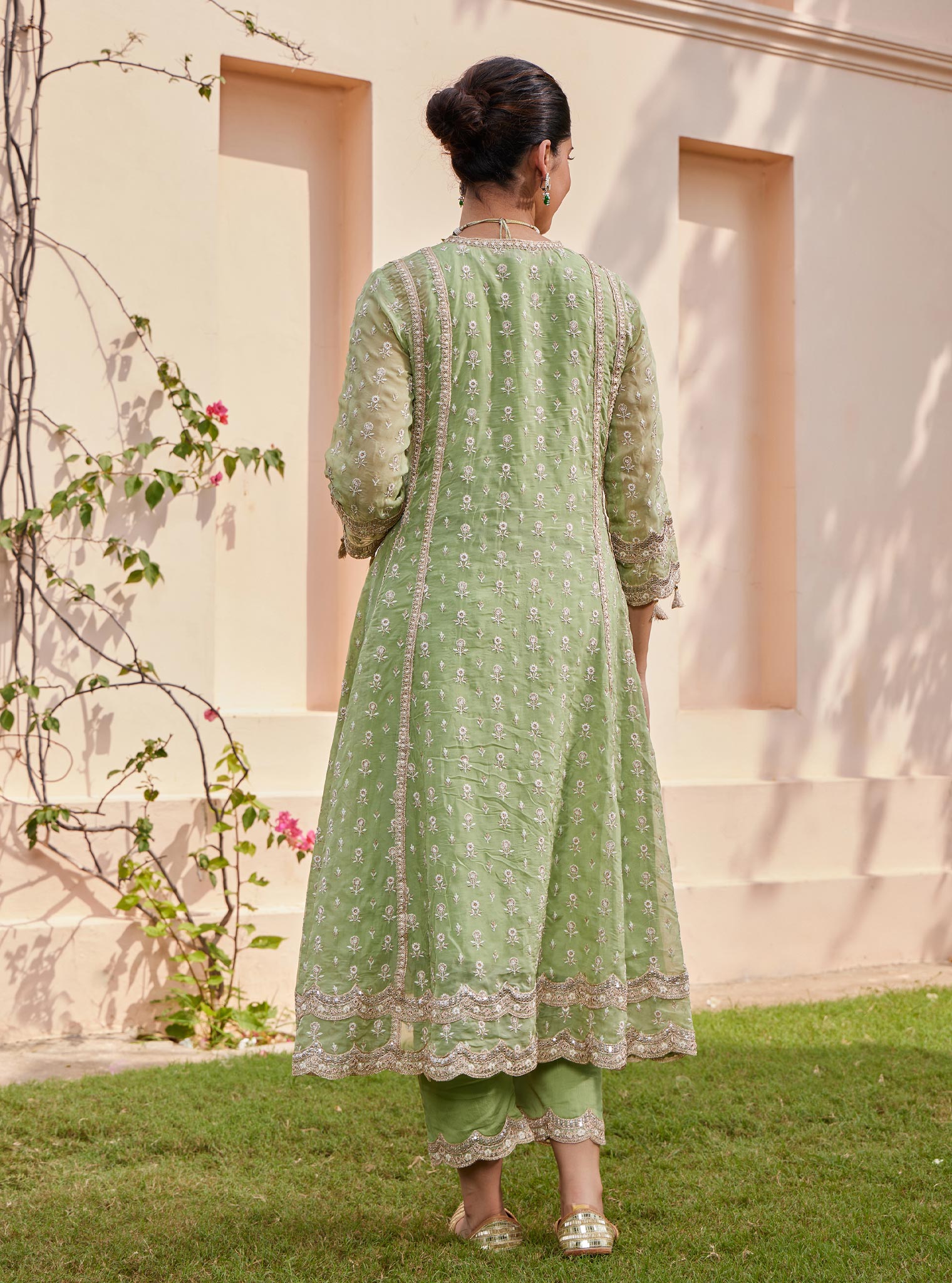 Mulmul Organza Smera Anarkali Green Kurta with Mulmul Pima Smera Green Pant