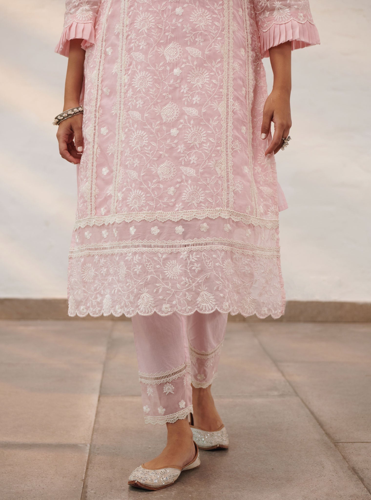 Mulmul Organza Dorset Pink Kurta With Cotton Dorset Pink Pant