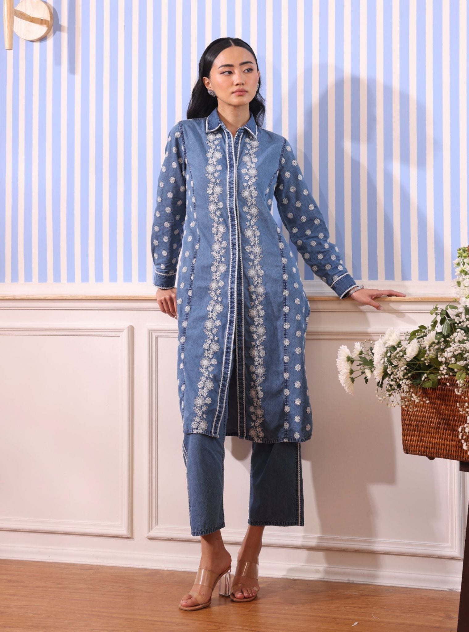 Mulmul Stellan Denim Kurta Shirt With Mulmul Stellan Denim Pant