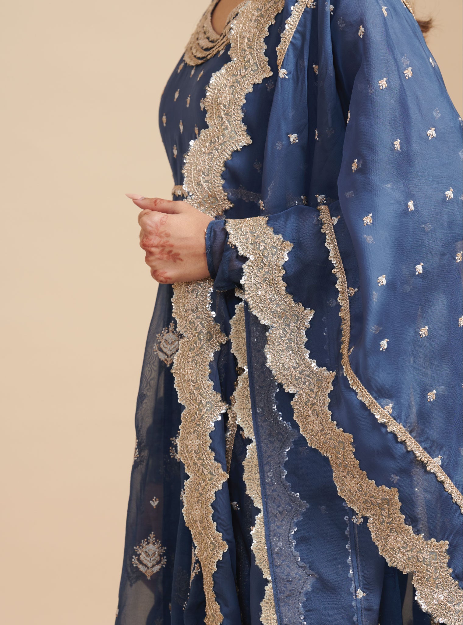 Mulmul Organza Gulabo Navy Anarkali Kurta With Mulmul Cupro Gulabo Navy pant