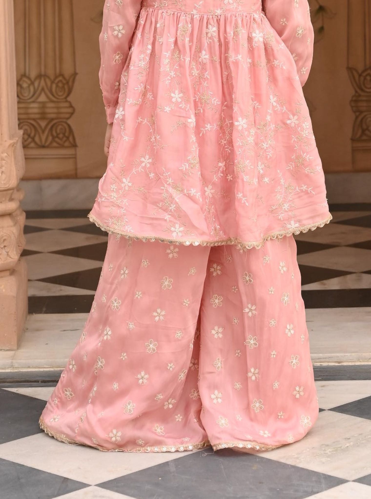 Mulmul Organza Satin Doria Pink Kurta with Mulmul Organza Satin Doria Pink Sharara